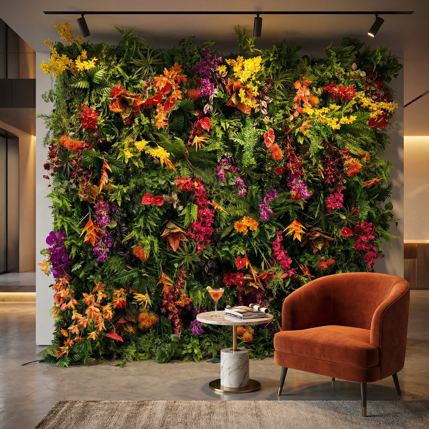 This Valar Flowers tropical flower wall backdrop is a lush, vibrant tapestry of exotic blooms and foliage, featuring fiery orange heliconias, bright red anthuriums, deep purple orchids, sunny yellow sprays, and variegated croton leaves, all layered with ferns and trailing greenery. Set in a modern indoor space, it creates a bold, jungle-inspired focal point ideal for upscale events, retail displays, and stylish photo opportunities.