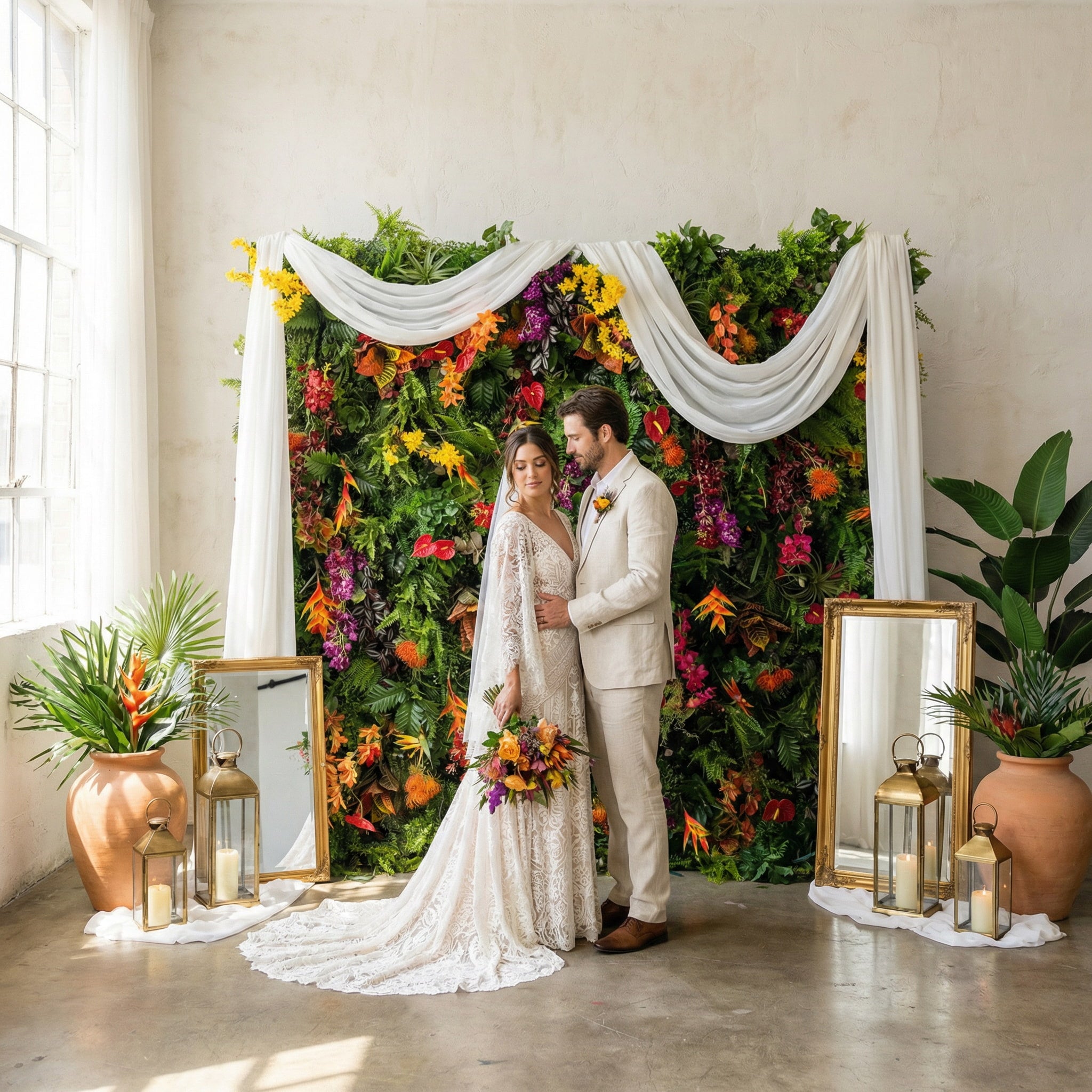 This Valar Flowers tropical flower wall backdrop is a lush, vibrant tapestry of exotic blooms and foliage, featuring fiery orange heliconias, bright red anthuriums, deep purple orchids, sunny yellow sprays, and rich green ferns, framed by flowing sheer white drapes. Paired with elegant gold mirrors, terracotta planters, and lanterns, it creates a romantic, bohemian focal point ideal for indoor weddings, ceremonies, and timeless photo opportunities.