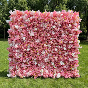 Valar Flowers premium artificial cherry blossom flower wall backdrop, a dense, lush floral panel in gradient pink and white blooms. Perfect for outdoor weddings, spring events, bridal showers, photo booths, and garden parties, this lifelike cherry blossom wall delivers a dreamy, romantic, ethereal aesthetic.