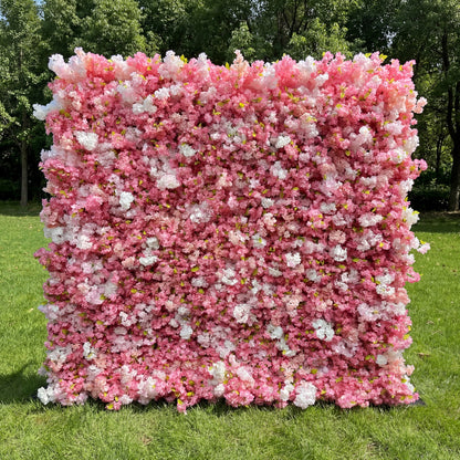 Valar Flowers premium artificial cherry blossom flower wall backdrop, a dense, lush floral panel in gradient pink and white blooms. Perfect for outdoor weddings, spring events, bridal showers, photo booths, and garden parties, this lifelike cherry blossom wall delivers a dreamy, romantic, ethereal aesthetic.
