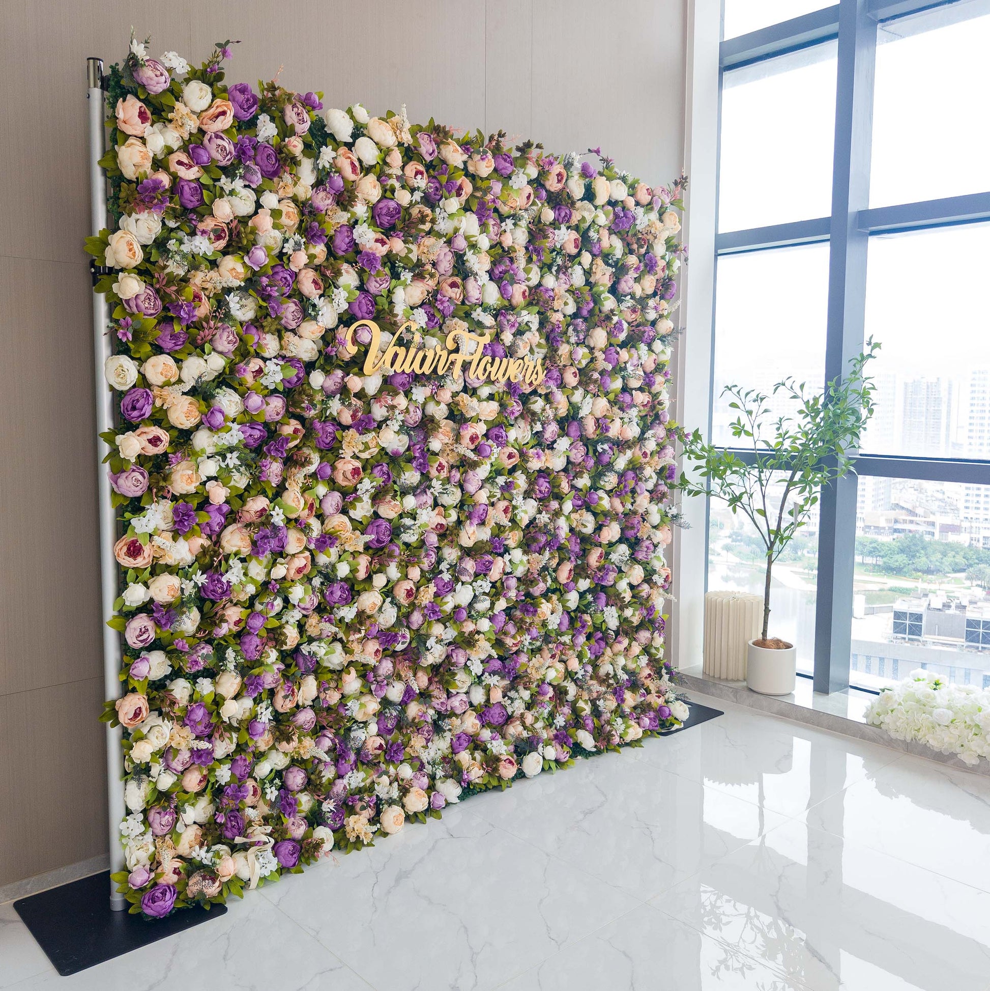 ValarFlowers luxury artificial flower wall backdrop with dense pink roses peonies hydrangeas and greenery for wedding event party photo booth decor