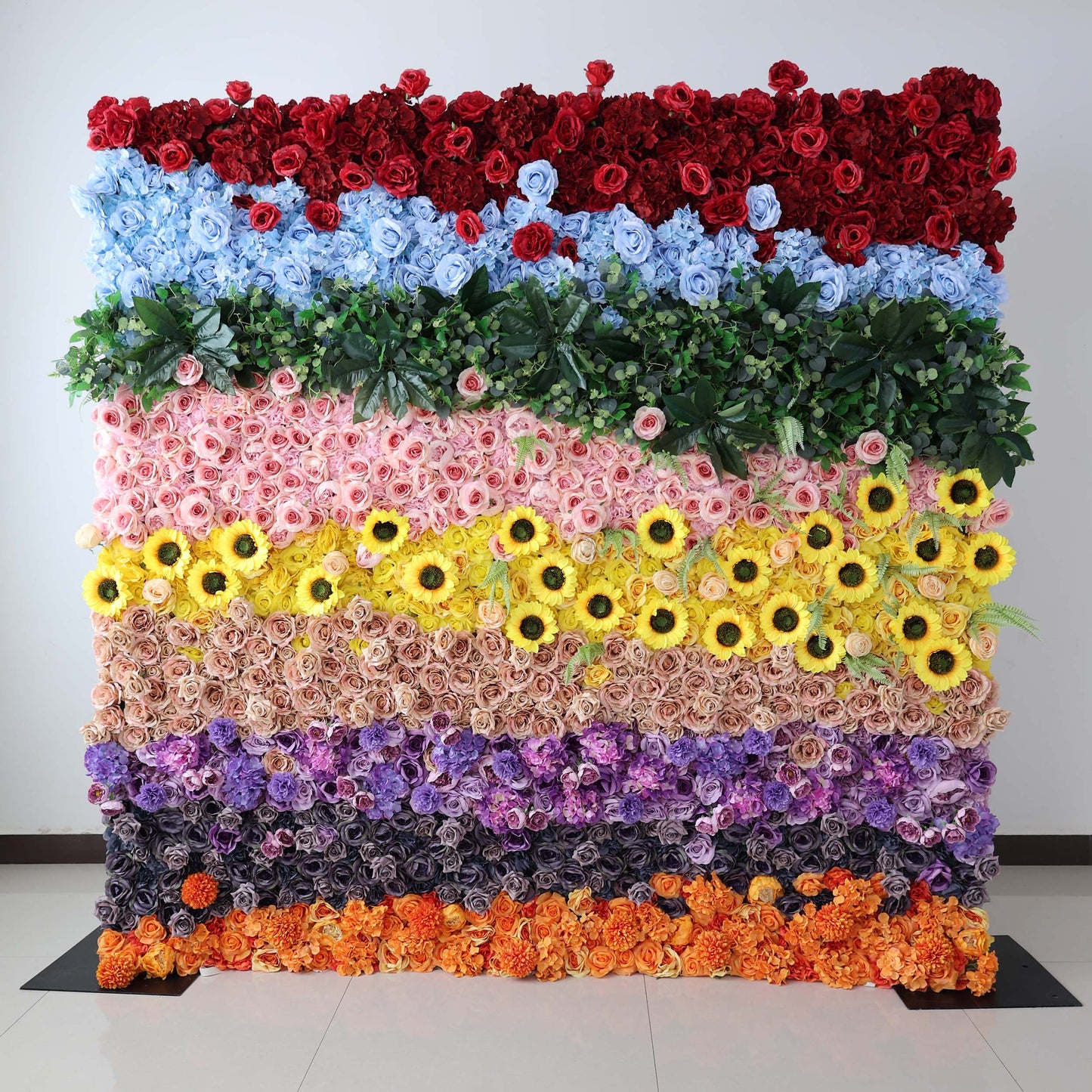 ValarFlowers' 2.4 x 2.4m (8x8ft) floral wall features a vivid array of artificial blooms in various colors, ideal for event decor and photo - ops.