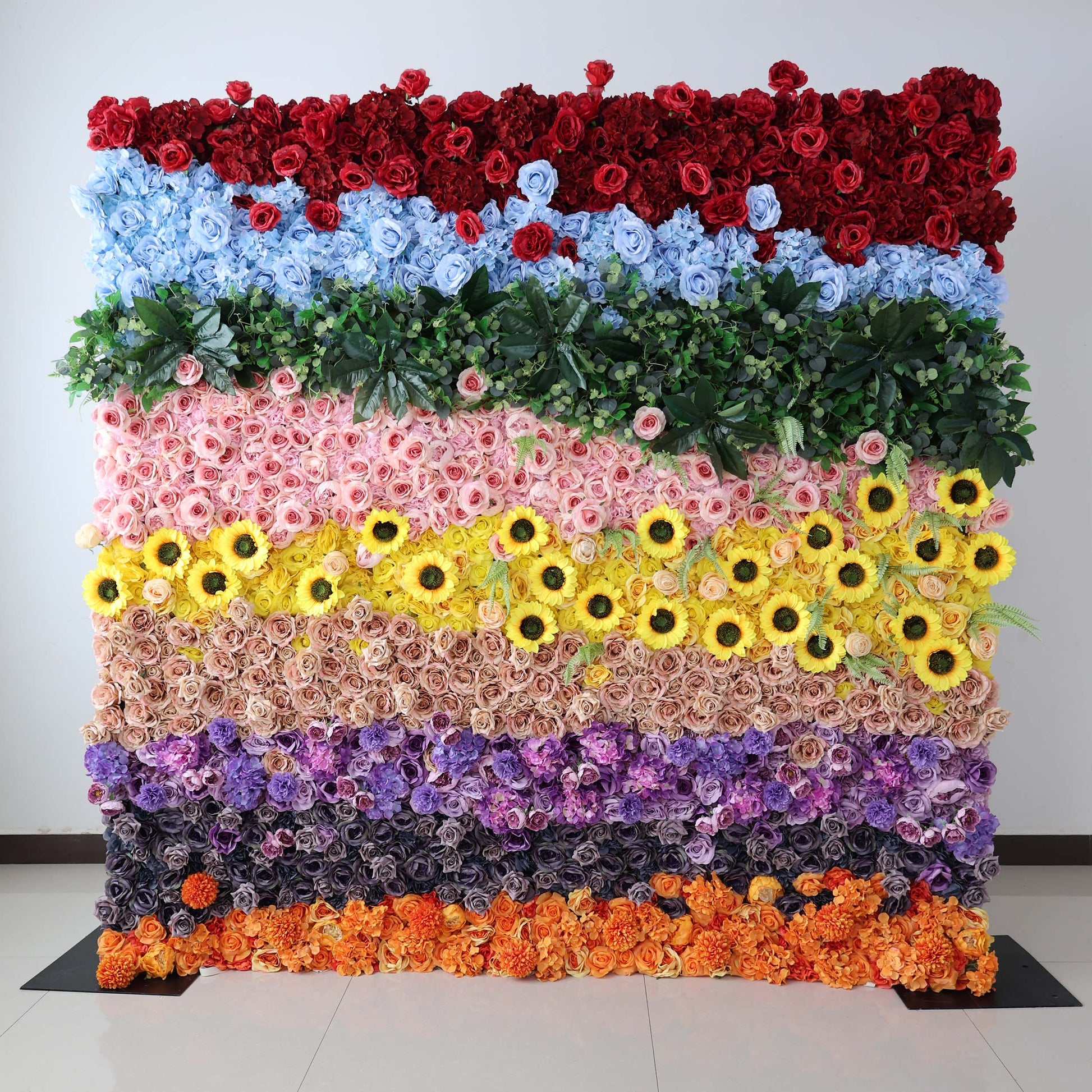 ValarFlowers' 2.4 x 2.4m (8x8ft) floral wall features a vivid array of artificial blooms in various colors, ideal for event decor and photo - ops.