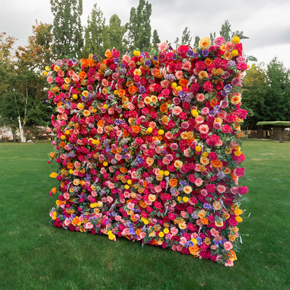 This artificial flower wall is a stunning piece. It is densely packed with a variety of colorful flowers, including vibrant roses, delicate lilies, and charming daisies. The flowers are complemented by lush green leaves, creating a rich and lively appearance. It is perfect for weddings, parties, or any event, providing a beautiful and eye - catching backdrop.
