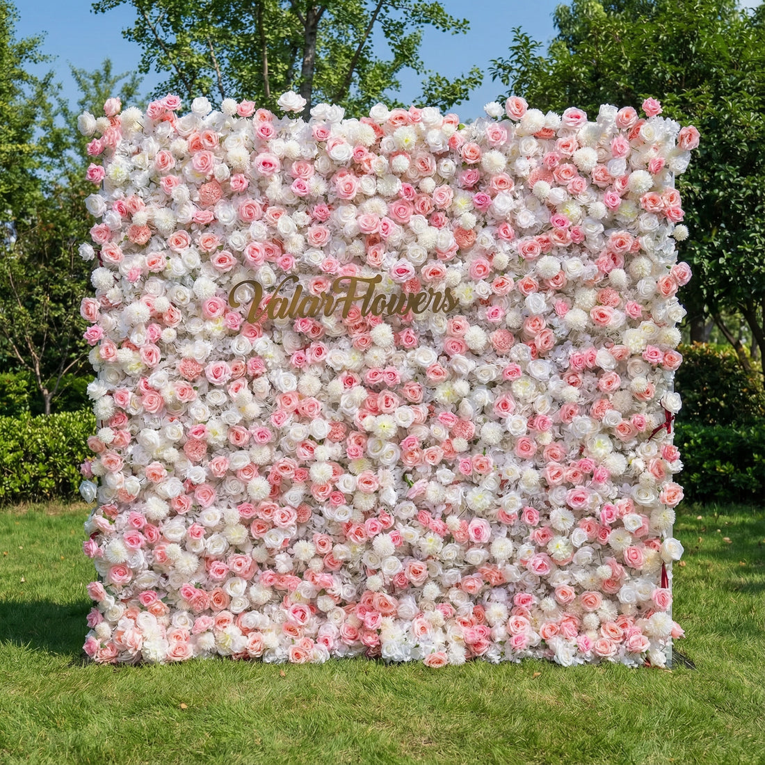 Valar Flowers premium artificial pink and white rose flower wall backdrop, a dense, lush floral panel with gradient blush roses and white blooms. Perfect for outdoor weddings, bridal showers, photo booths, event decor, and garden parties, this lifelike flower wall delivers a romantic, elegant aesthetic.