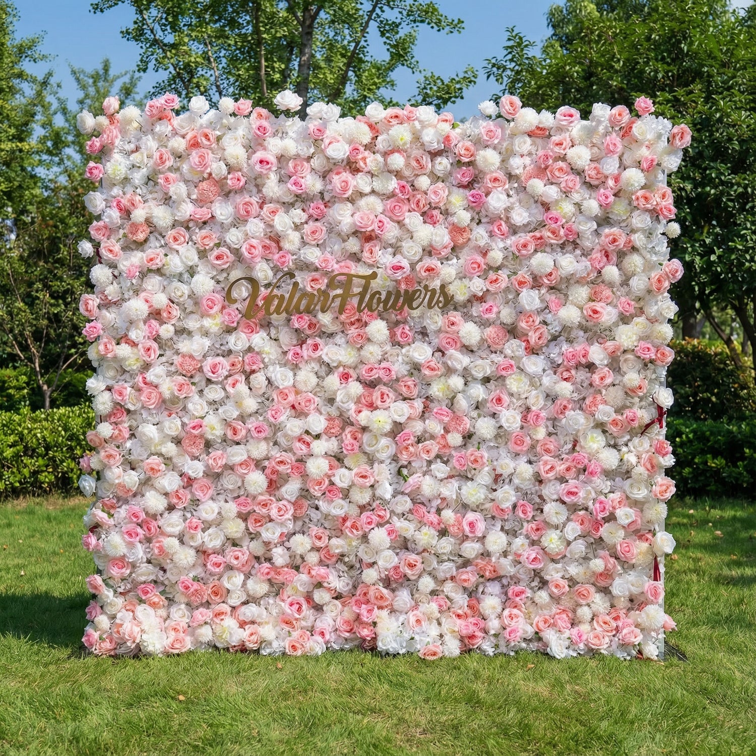 Valar Flowers premium artificial pink and white rose flower wall backdrop, a dense, lush floral panel with gradient blush roses and white blooms. Perfect for outdoor weddings, bridal showers, photo booths, event decor, and garden parties, this lifelike flower wall delivers a romantic, elegant aesthetic.