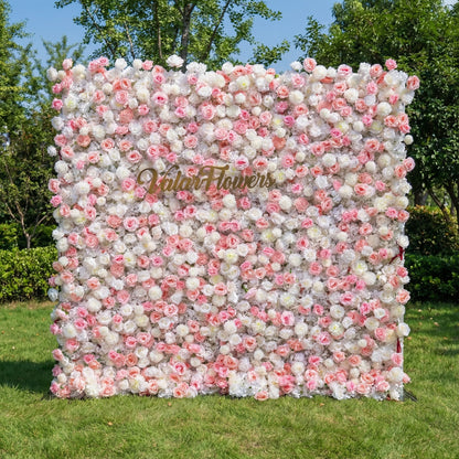 Valar Flowers premium artificial pink and white rose flower wall backdrop, a dense, lush floral panel with gradient blush roses and white blooms. Perfect for outdoor weddings, bridal showers, photo booths, event decor, and garden parties, this lifelike flower wall delivers a romantic, elegant aesthetic.
