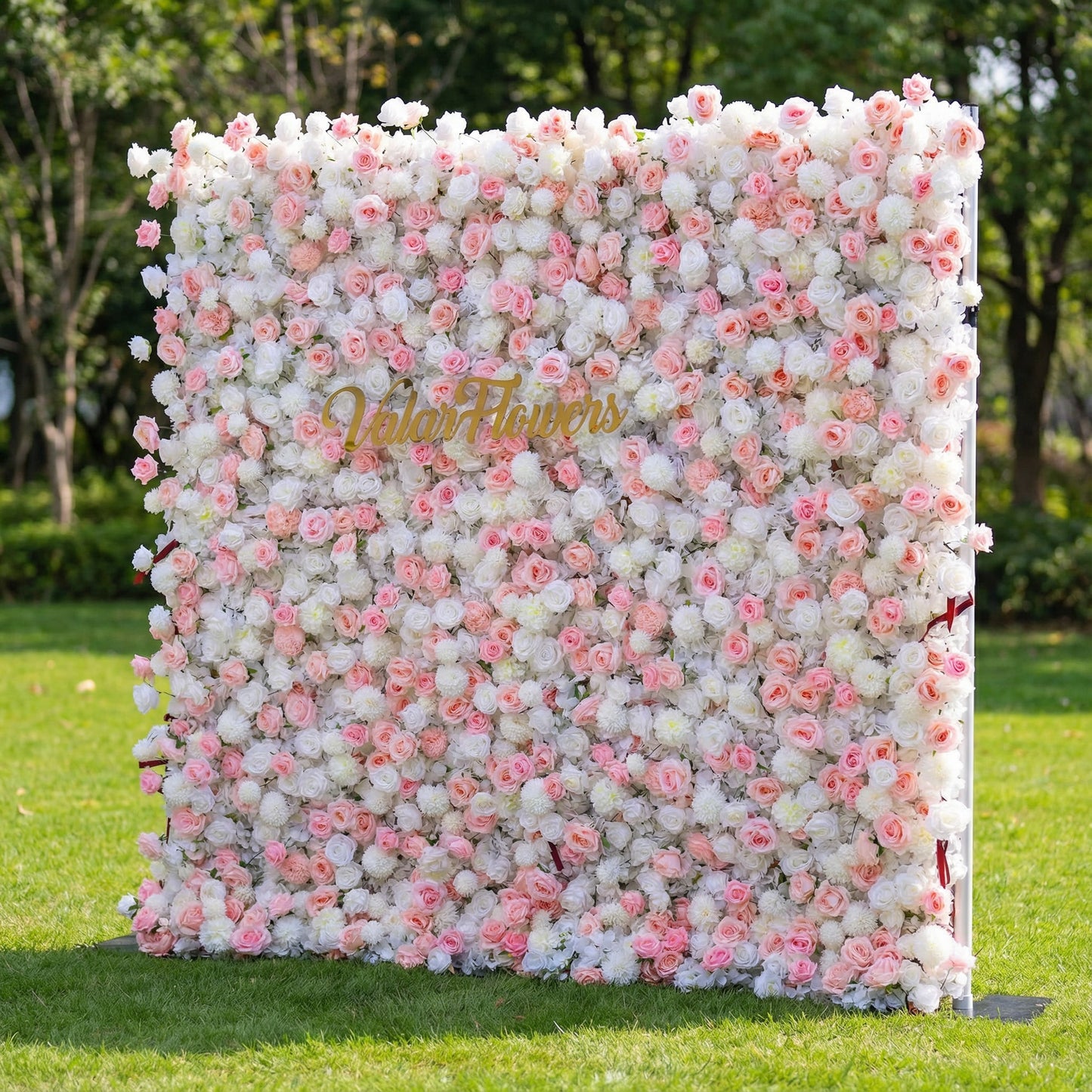 Valar Flowers premium artificial pink and white rose flower wall backdrop, a dense, lush floral panel with gradient blush roses, white blooms, and delicate filler flowers. Perfect for outdoor weddings, bridal showers, photo booths, event decor, and garden parties, this lifelike flower wall delivers a romantic, elegant aesthetic.