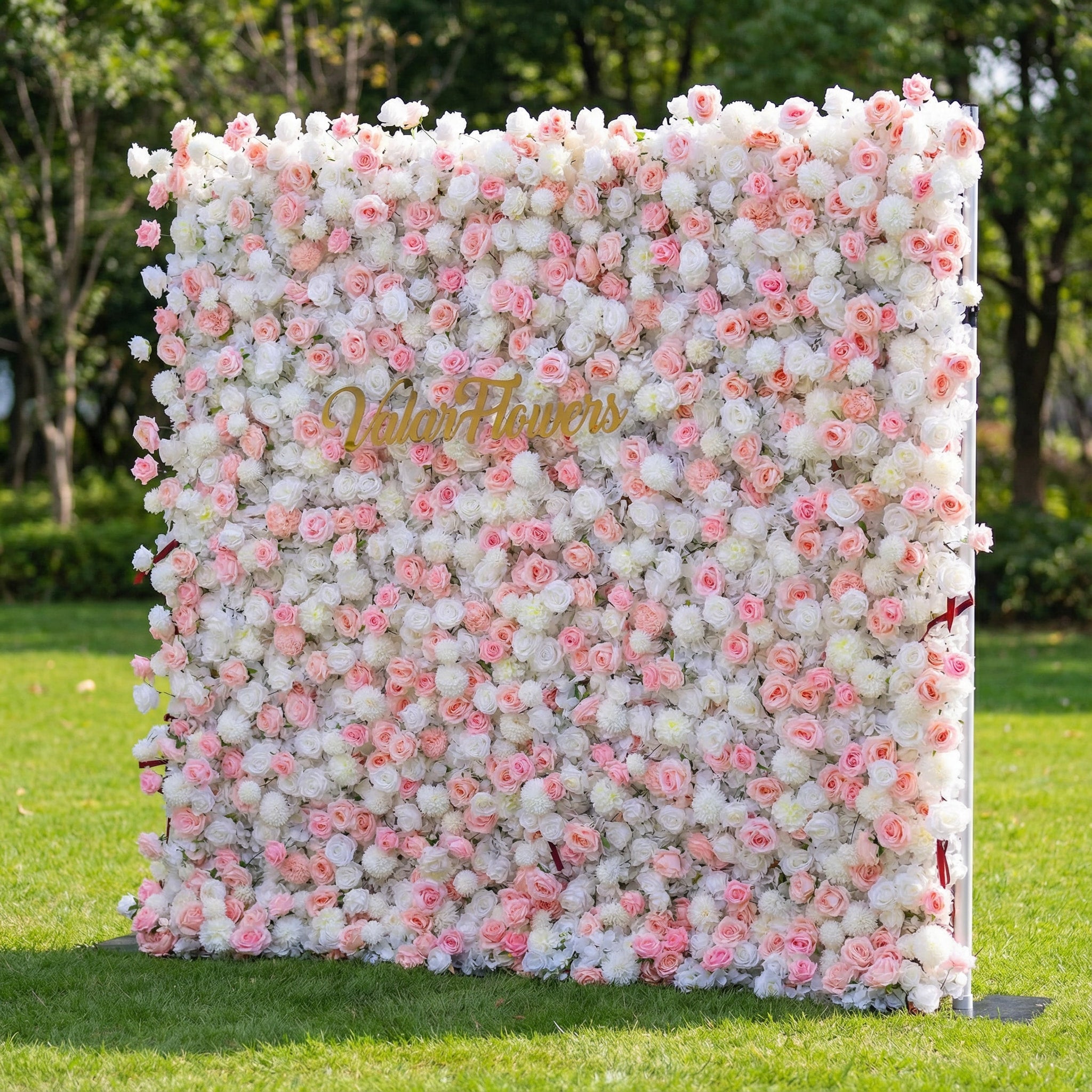 Valar Flowers premium artificial pink and white rose flower wall backdrop, a dense, lush floral panel with gradient blush roses, white blooms, and delicate filler flowers. Perfect for outdoor weddings, bridal showers, photo booths, event decor, and garden parties, this lifelike flower wall delivers a romantic, elegant aesthetic.
