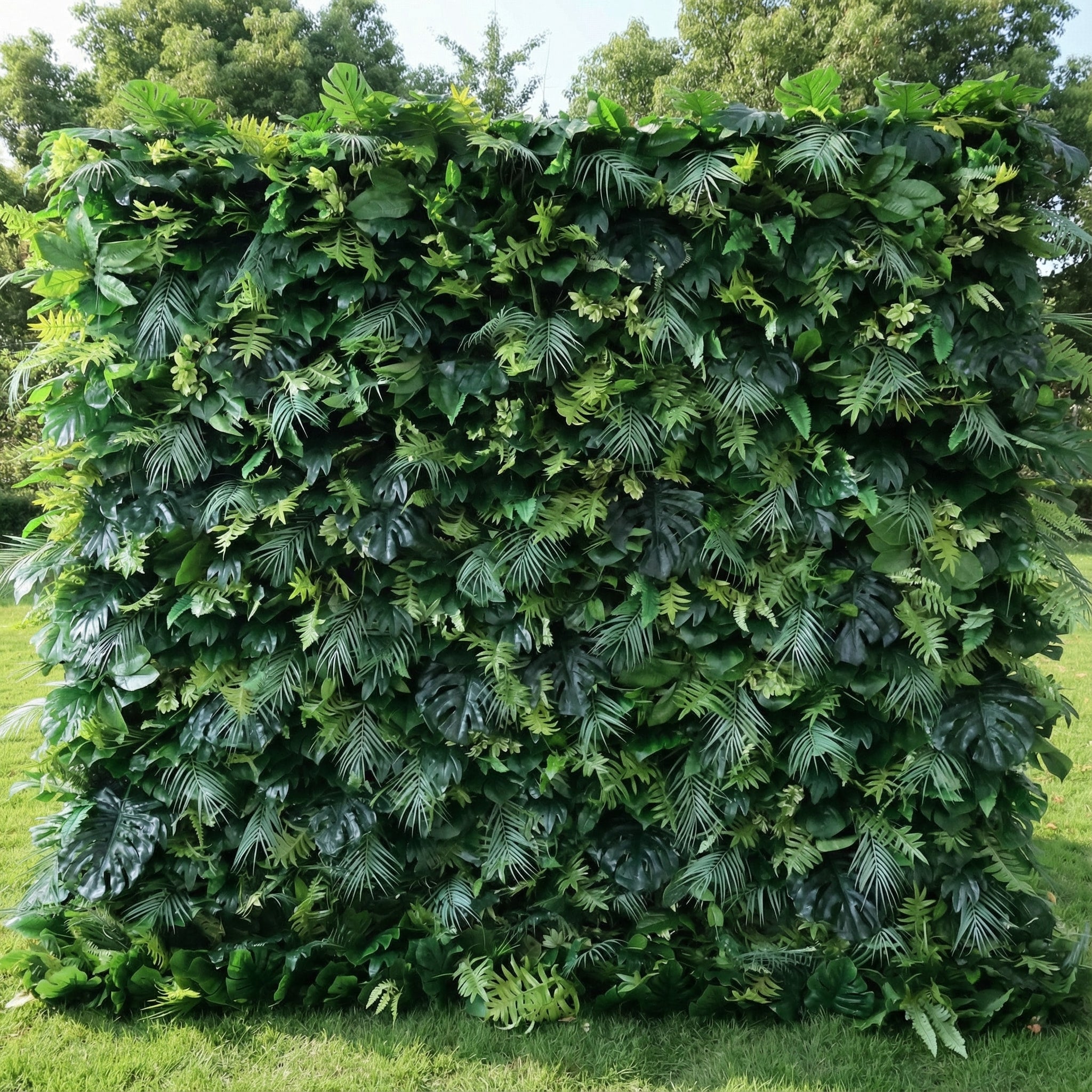 This Valar Flowers greenery wall features dense, layered textures: deep forest green monstera leaves, delicate ferns, and tropical fronds in varying green hues. Set on sunlit grass with tree-lined background, natural light amplifies its lush, organic depth. Though bloom-free, it embodies Valar’s nature-focused styling—ideal as an event backdrop, blending rich texture with a fresh, versatile aesthetic perfect for tropical or earthy themes.