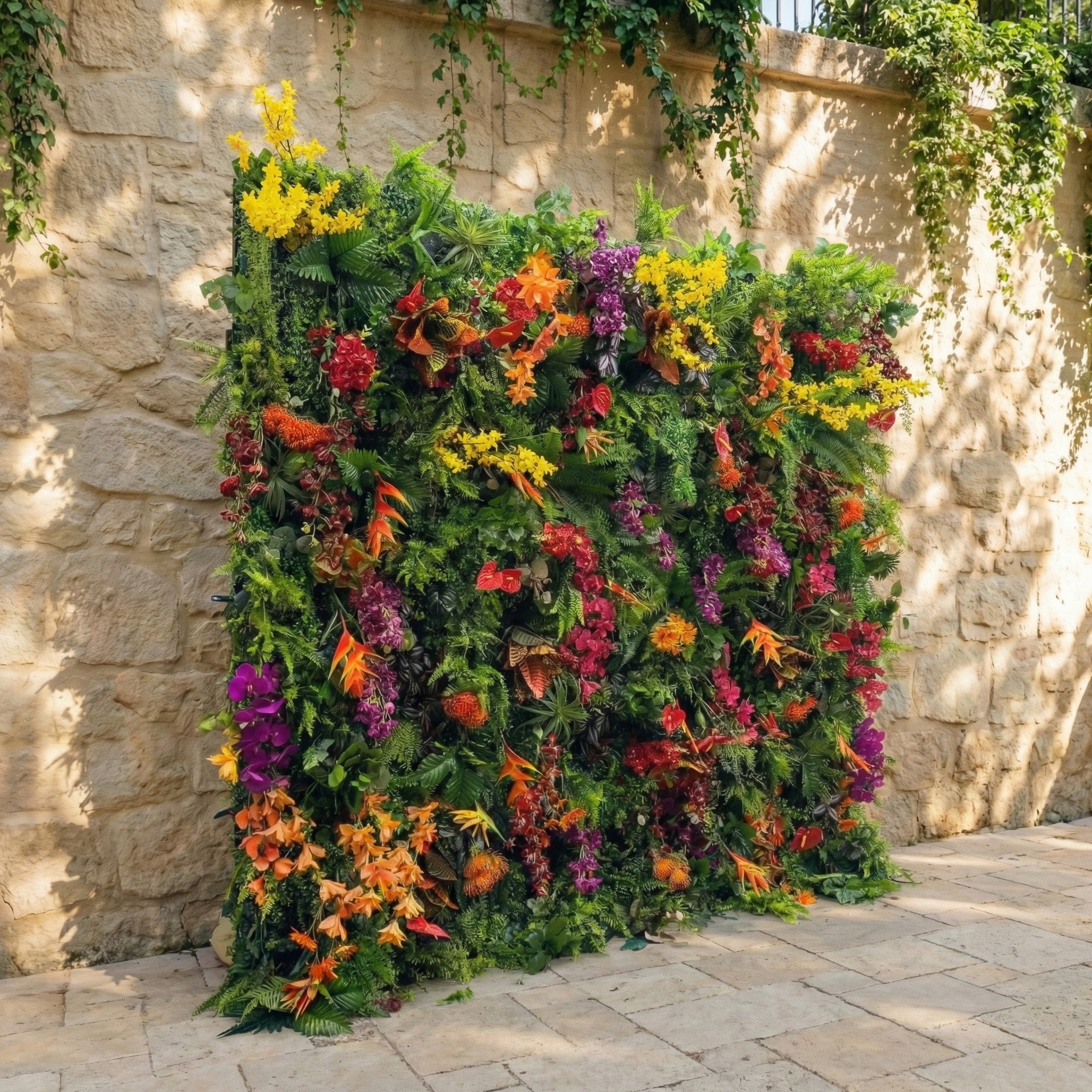 This Valar Flowers tropical flower wall backdrop is a vivid, layered tapestry of exotic blooms and lush greenery, featuring fiery orange heliconias, deep red roses, sunny yellow sprays, rich purple orchids, and textured ferns, accented with delicate butterfly details. Set against a sun-dappled stone wall, it creates a bold, jungle-inspired focal point ideal for tropical weddings, summer parties, and vibrant photo opportunities.