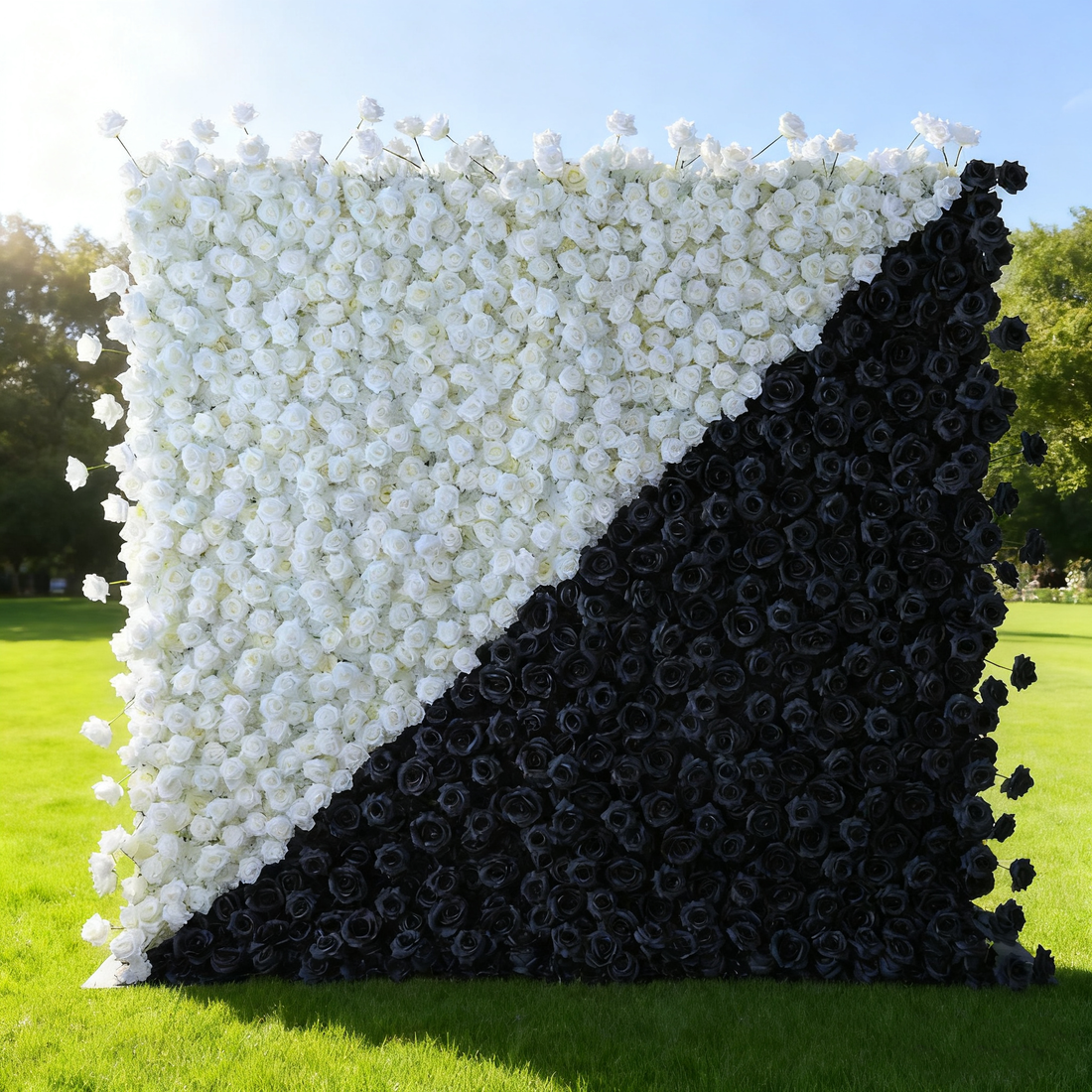 This image showcases a large, square floral wall with a striking black - and - white color block design. One half is filled with white roses, the other with black roses, creating a bold contrast. Set outdoors on a lush green lawn under a clear blue sky, it exudes a modern, artistic, and elegant vibe, perfect for decorative or artistic displays.