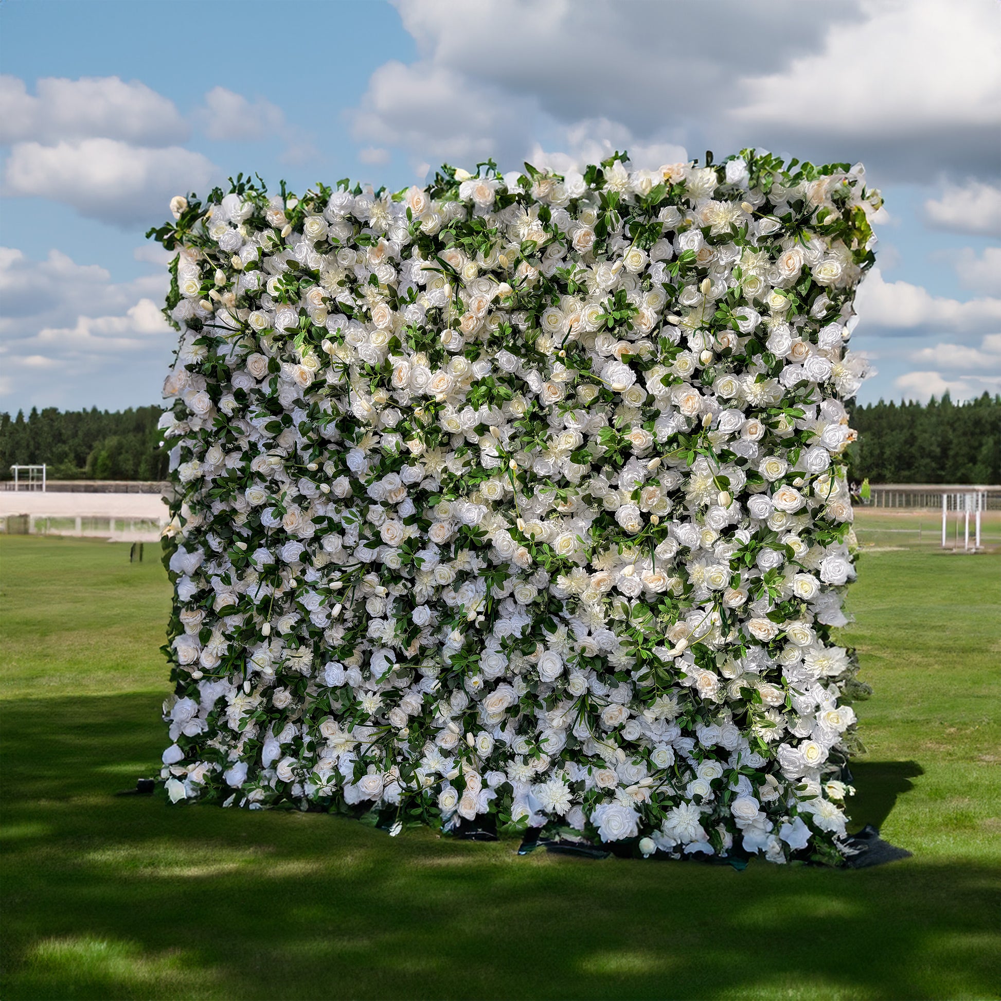 This artificial flower wall is 2.4m x 2.4m. It is filled with numerous white roses and green leaves, looking luxurious. The materials are of high - quality, ensuring durability. It's easy to set up and can be used for various events like weddings. Compared to fresh flowers, it is more cost - effective and requires less maintenance.