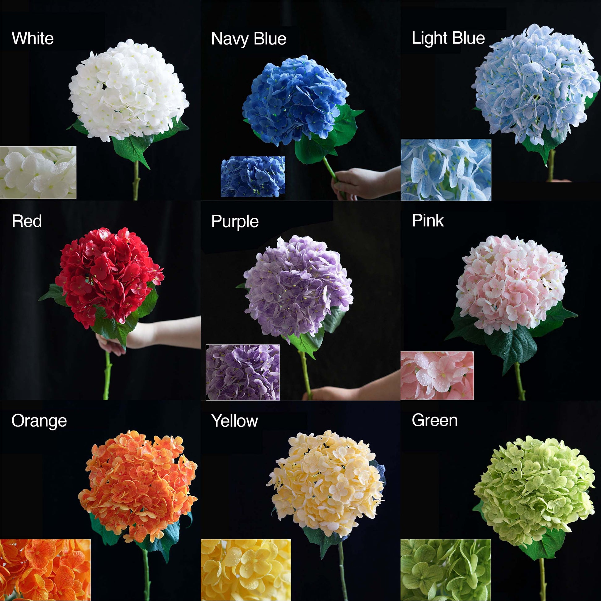 This display shows artificial hydrangea blooms in 12 colors: White, Navy Blue, Light Blue, Red, Purple, Pink, Orange, Yellow, Green. Each has a large, round flower head with green leaves. Smaller inset images highlight petal details, offering diverse options for decor, from soft pastels to bold hues. 