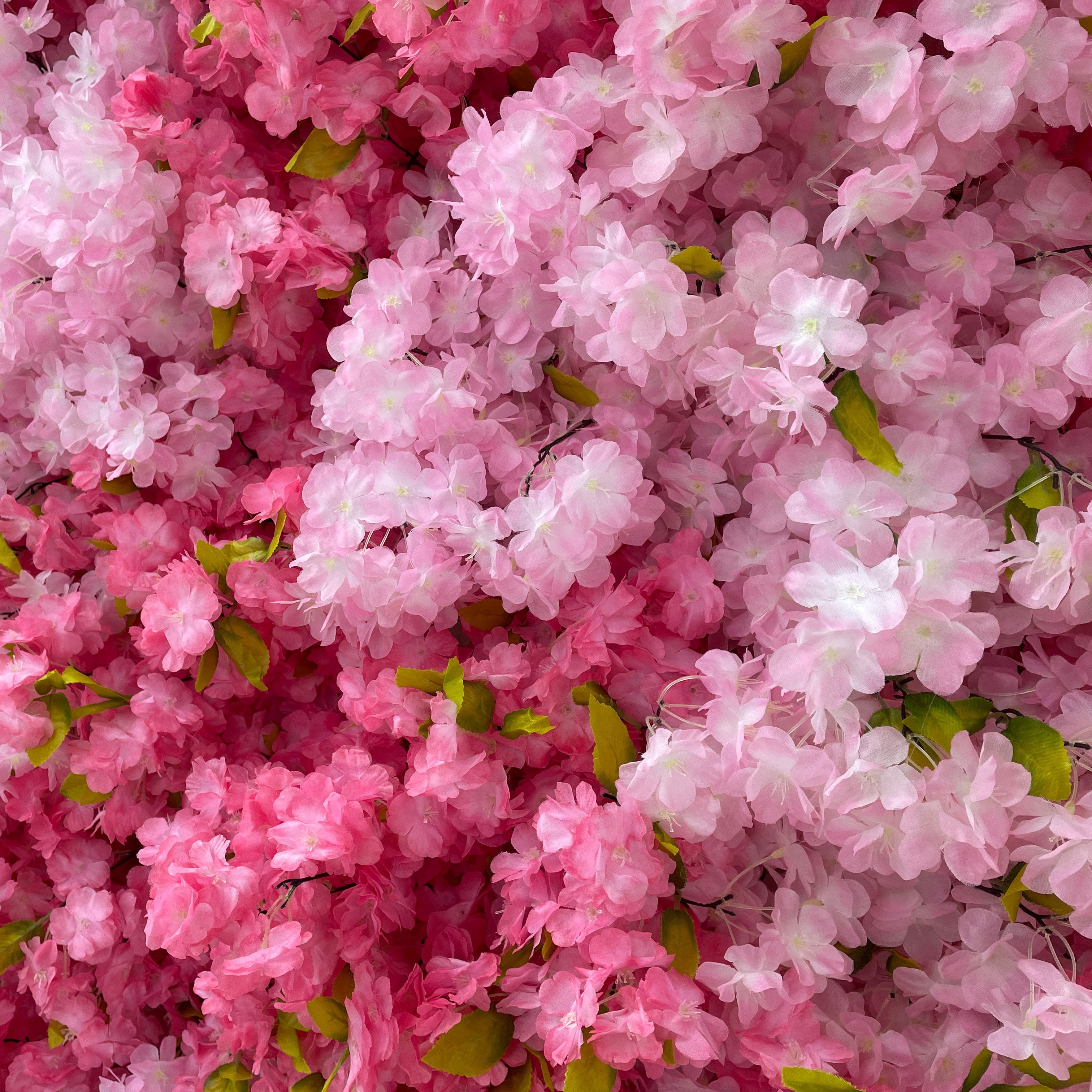 This is a dense, lush artificial cherry blossom flower wall panel, brimming with gradient pink and soft white blooms in varying shades, accented by vibrant green leaves. The lifelike, layered petals create a dreamy, romantic, and ethereal aesthetic, perfect for wedding backdrops, spring event decor, bridal showers, photo booths, and luxury party styling, bringing a delicate, blooming cherry blossom vibe to any space.