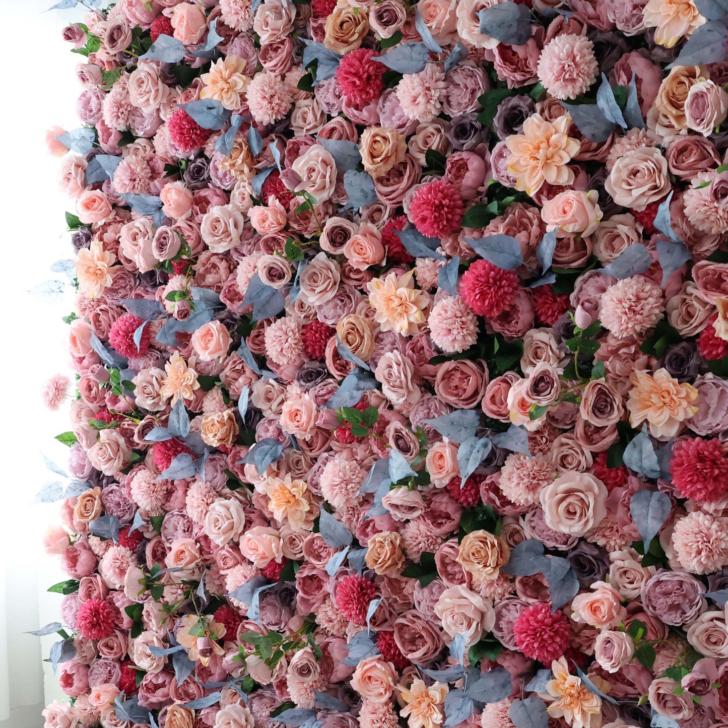 ValarFlowers faux flower wall panel with dense roses, peonies, hydrangeas and greenery for wedding backdrop, party photo booth decor