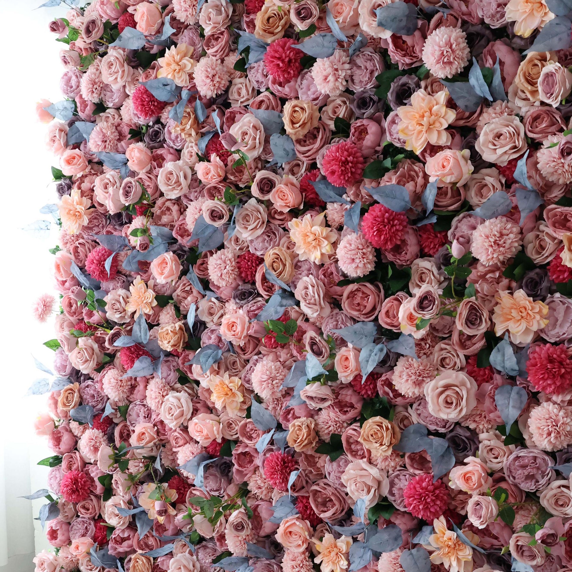 ValarFlowers faux flower wall panel with dense roses, peonies, hydrangeas and greenery for wedding backdrop, party photo booth decor