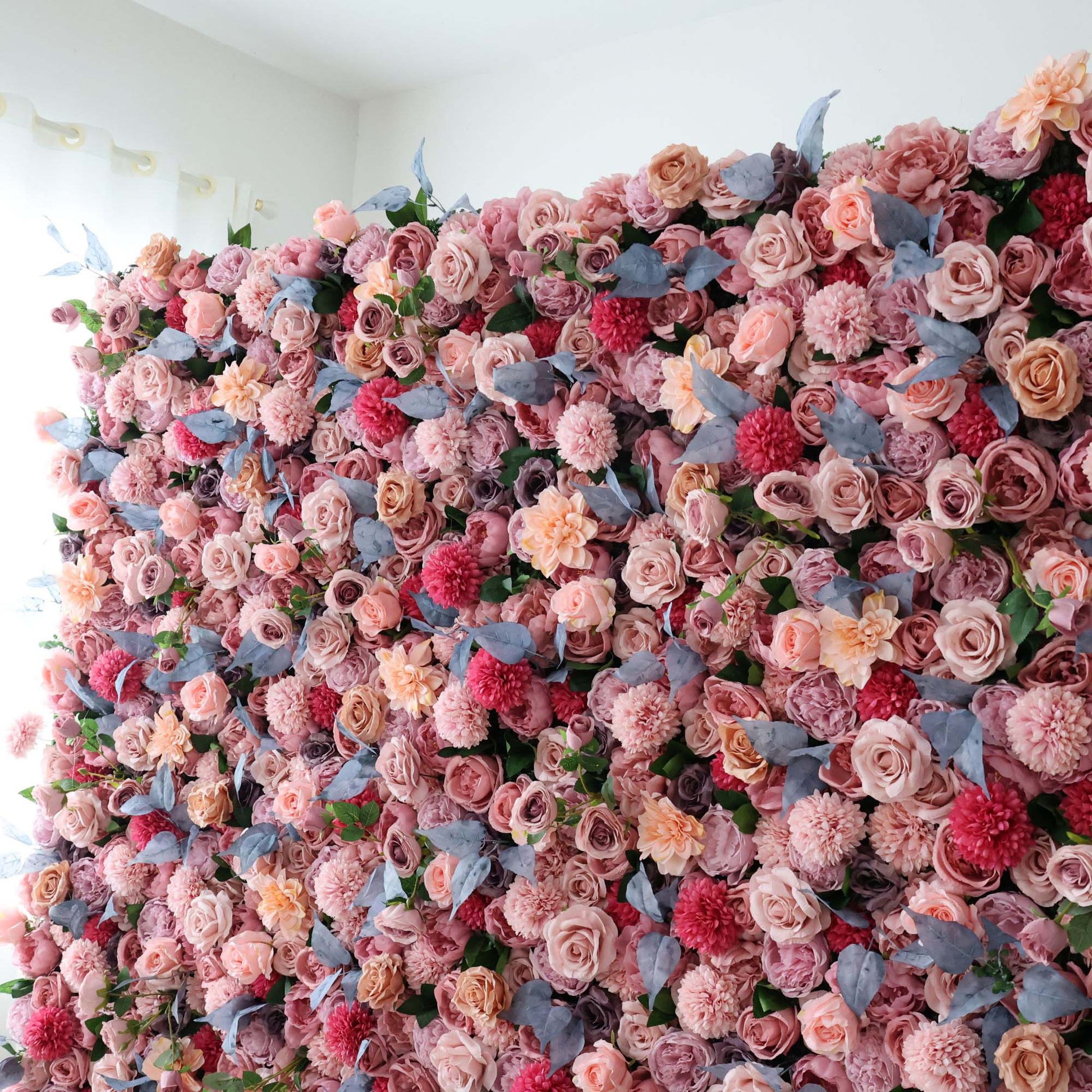 ValarFlowers artificial flower wall with lush peonies, roses and hydrangeas in rich hues, dense floral arrangement for wedding backdrop, photo booth and luxury event decor