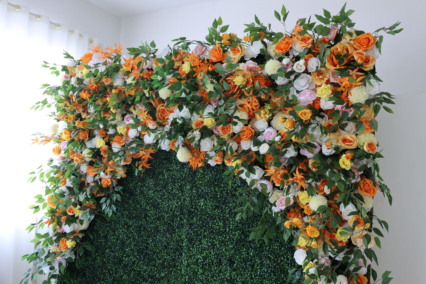 ValarFlowers artificial flower wall backdrop with lush roses, peonies, hydrangeas and greenery for wedding party photo booth decor
