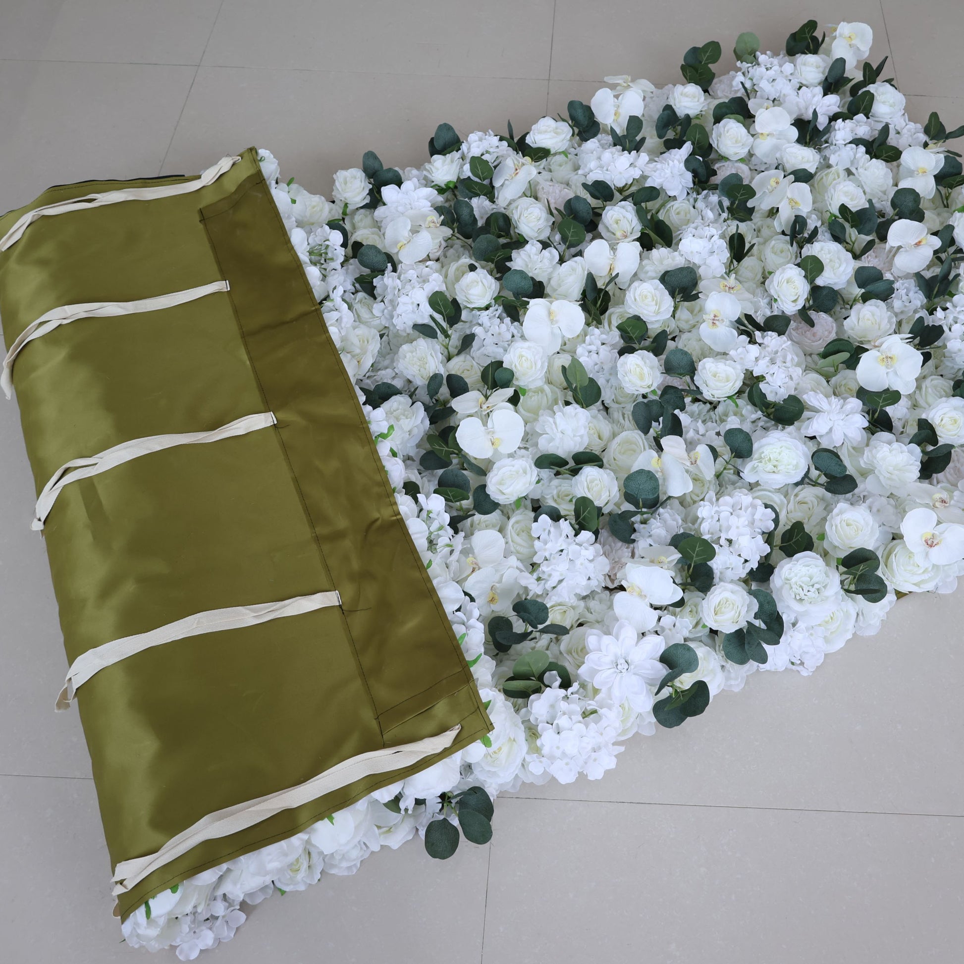 ValarFlowers white rose orchid artificial flower wall backdrop with lush green foliage for wedding event decoration