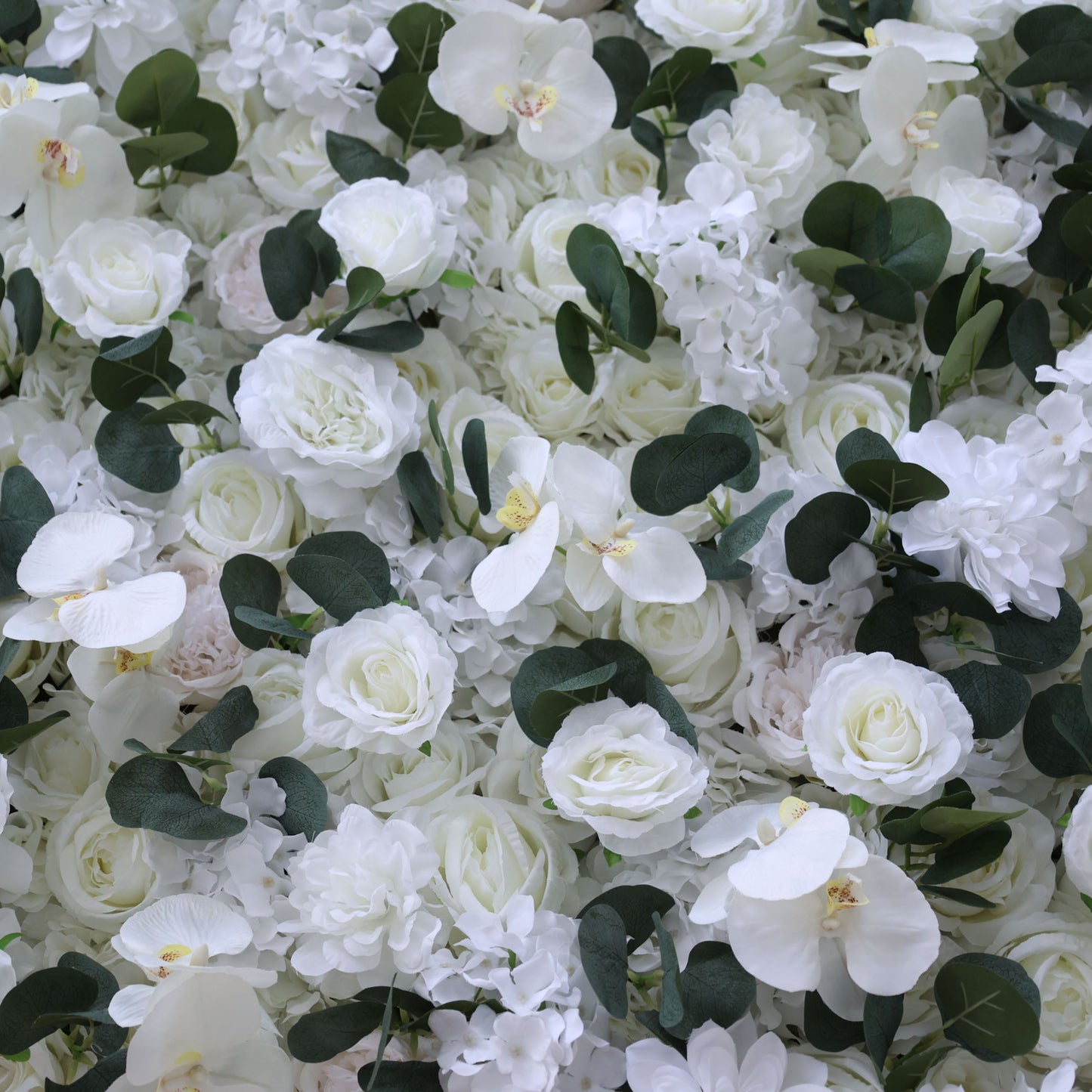 ValarFlowers white rose orchid artificial flower wall backdrop with eucalyptus greenery for wedding ceremony decor