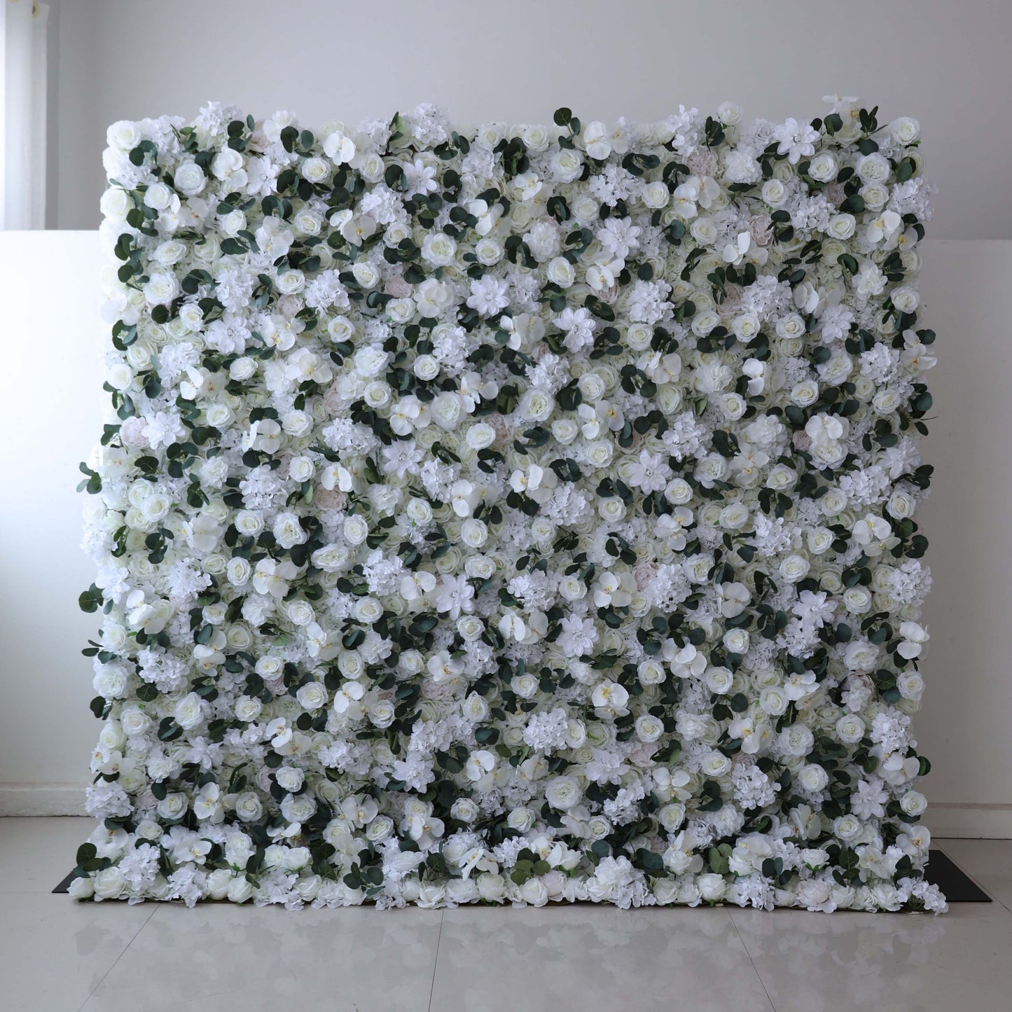 ValarFlowers white rose orchid hydrangea artificial flower wall with eucalyptus greenery for wedding backdrop