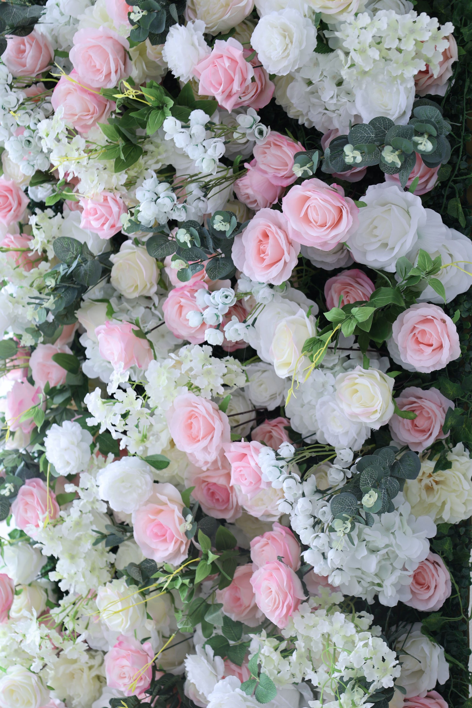 ValarFlowers artificial flower wall backdrop with lush roses, peonies, hydrangeas, dense floral arrangement, elegant wedding decor, photo booth, party backdrop