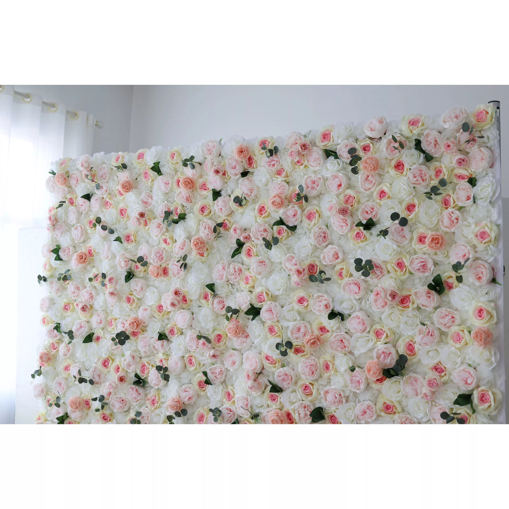 ValarFlowers artificial flower wall backdrop with lush peonies roses hydrangeas in soft pink white for wedding photo booth event decor