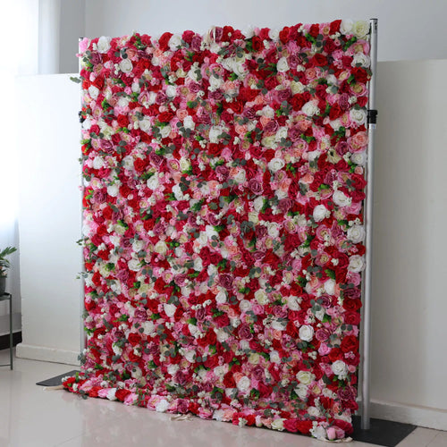 ValarFlowers red and white rose flower wall backdrop with camo greenery, wedding party event decor, faux floral panel
