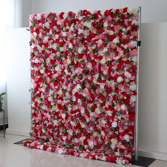 ValarFlowers red and white rose flower wall backdrop with camo greenery, wedding party event decor, faux floral panel