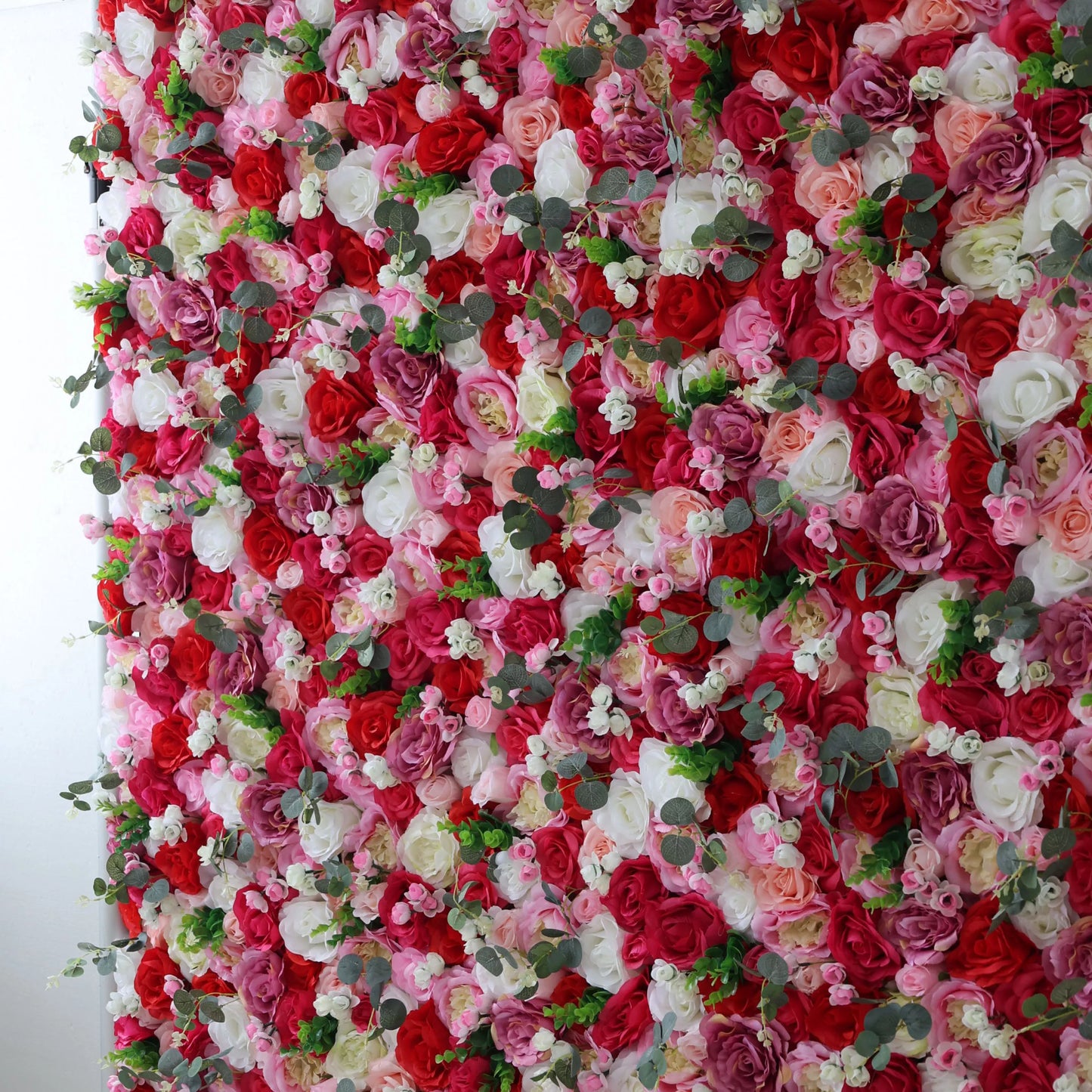 ValarFlowers red and white rose wall with lush greenery, luxury artificial flower backdrop for wedding, party, photo booth, venue decor