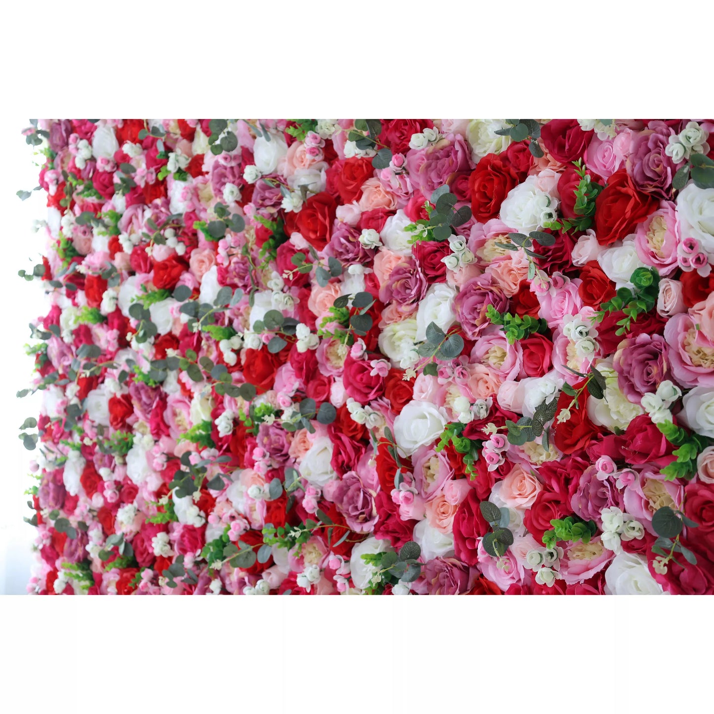 ValarFlowers artificial flower wall with red and white roses, camo green leaves, silk floral panel for wedding and party backdrop