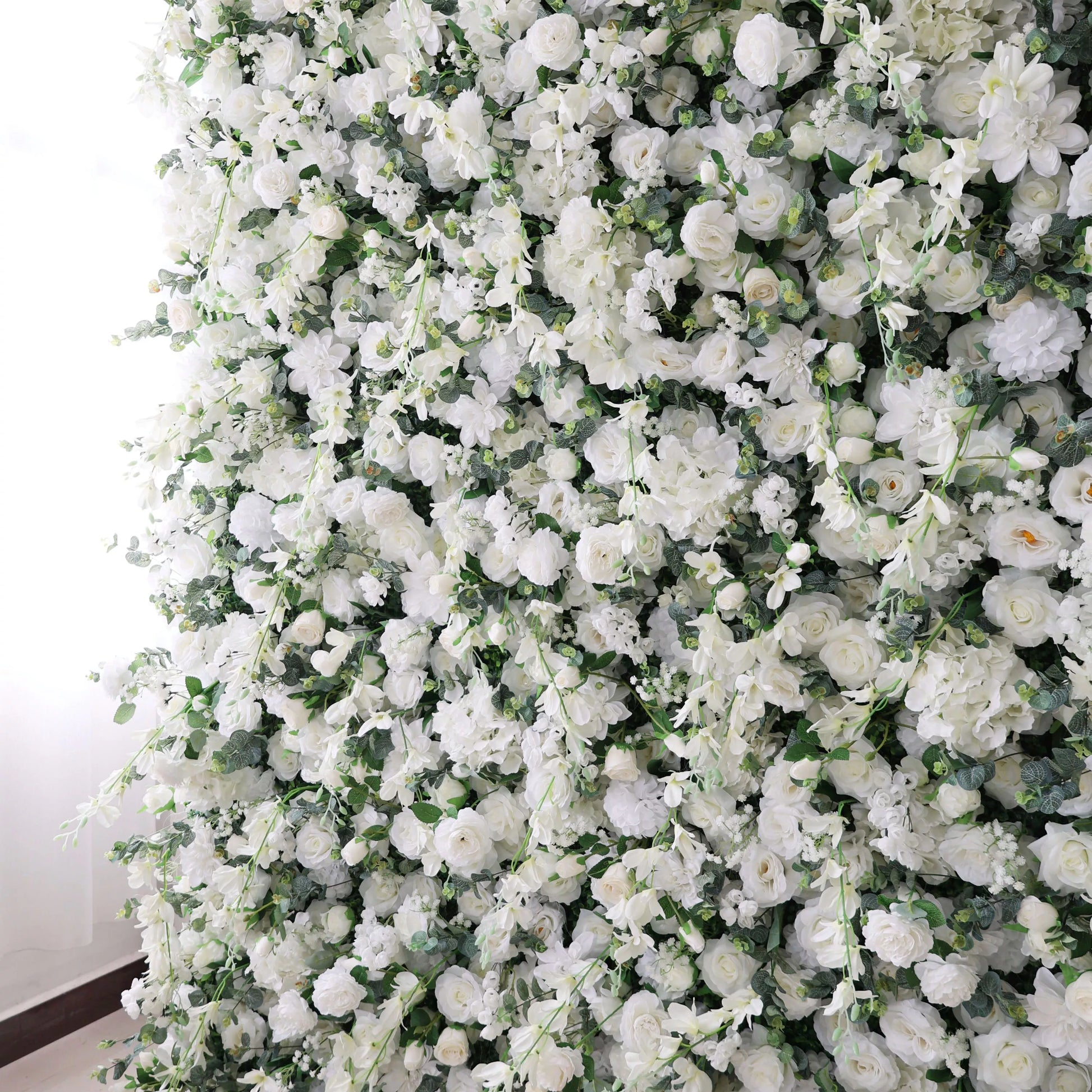 ValarFlowers white floral wall with green accents, faux roses peonies hydrangeas, elegant wedding backdrop, luxury event decor, photo booth