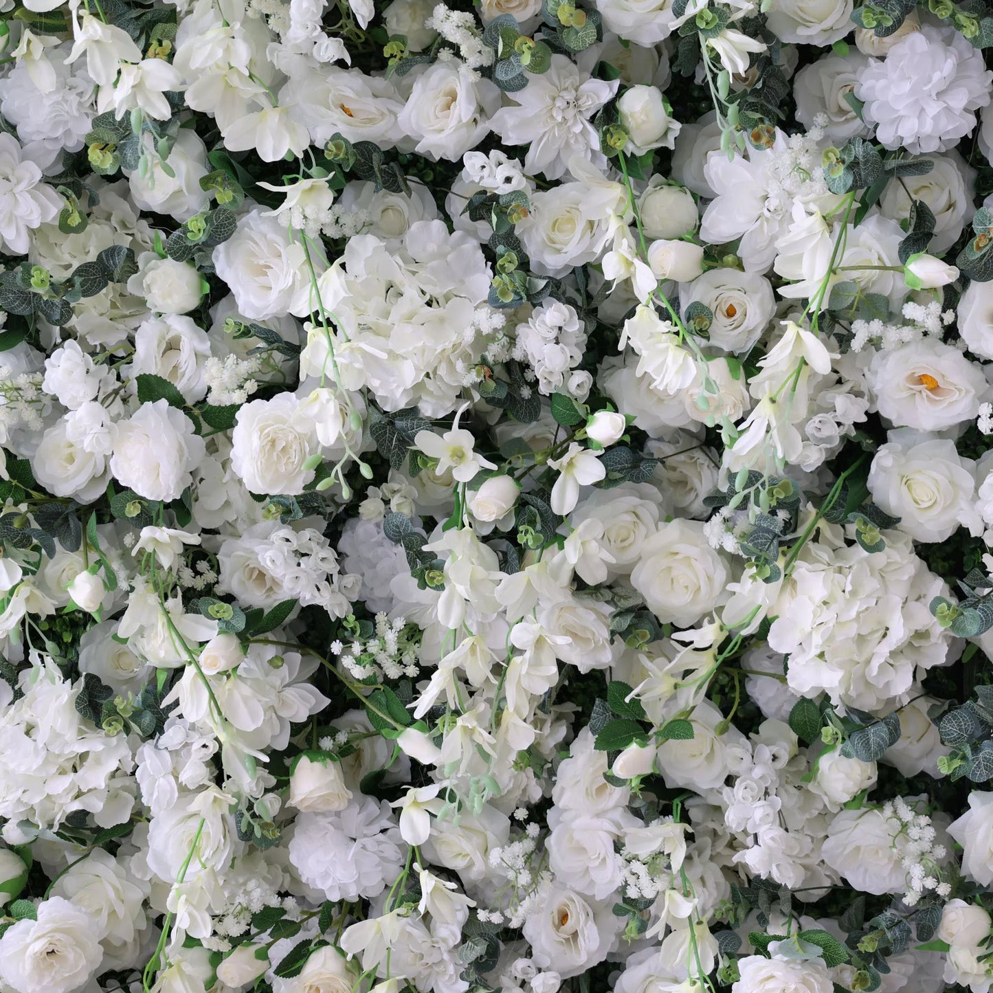 ValarFlowers white rose peony hydrangea floral wall backdrop with greenery for wedding, party, luxury event decor