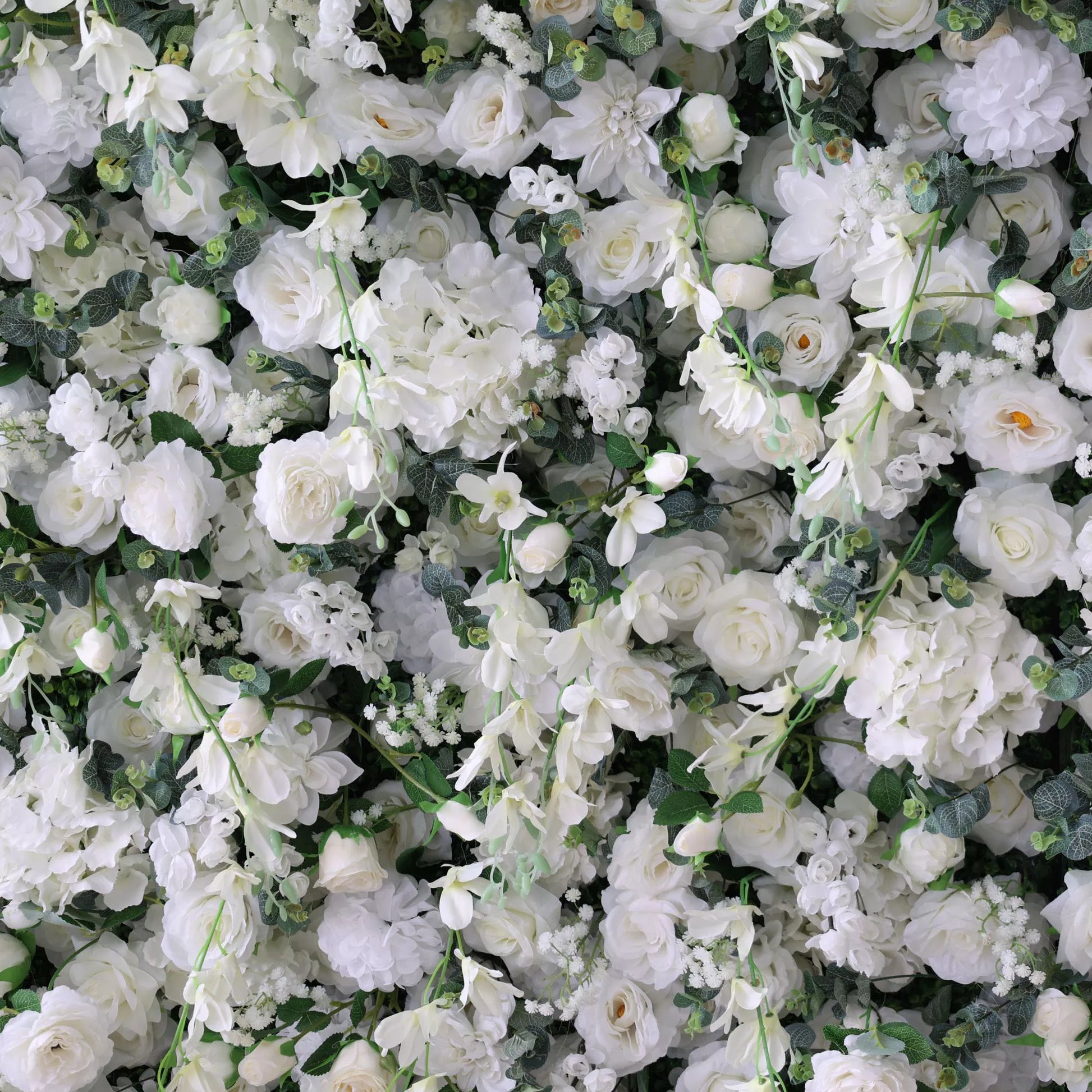 ValarFlowers white rose peony hydrangea floral wall backdrop with greenery for wedding, party, luxury event decor