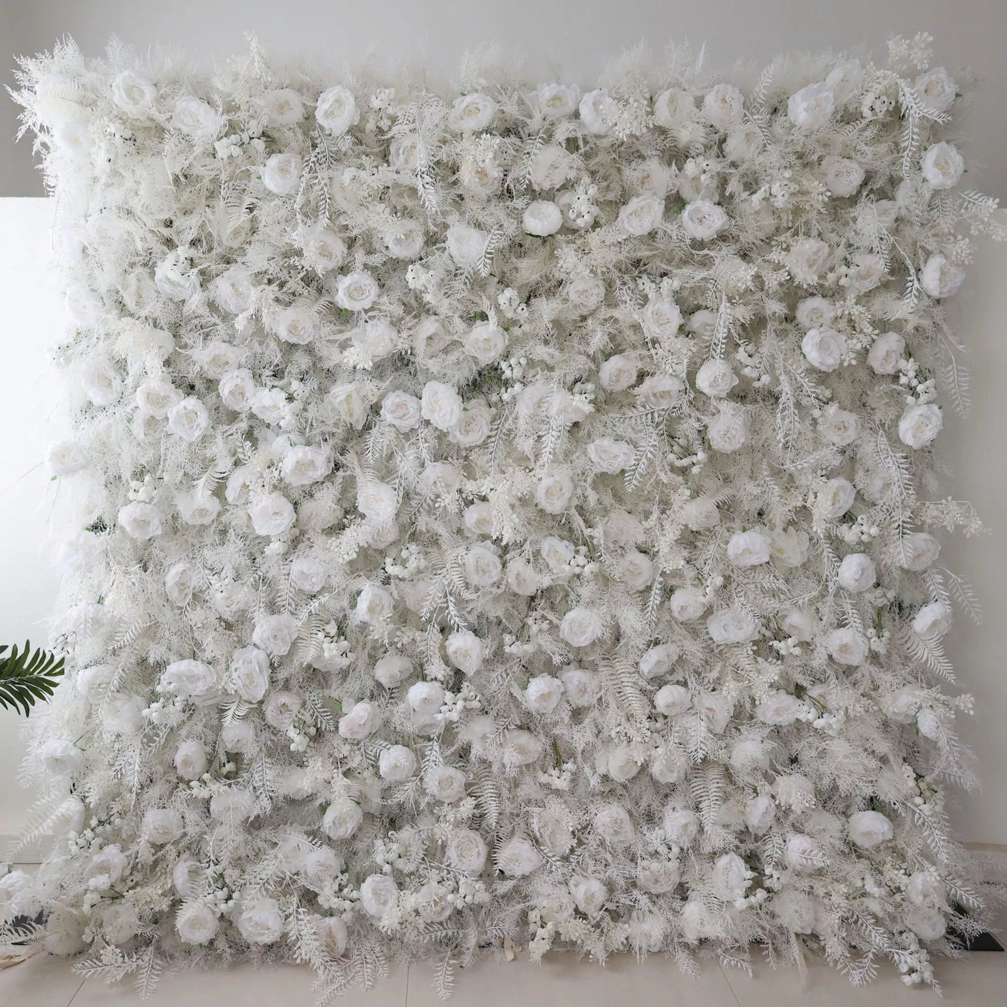 ValarFlowers snowy white artificial flower wall with roses peonies hydrangeas frosty ferns for wedding backdrop ceremony photo booth event decor