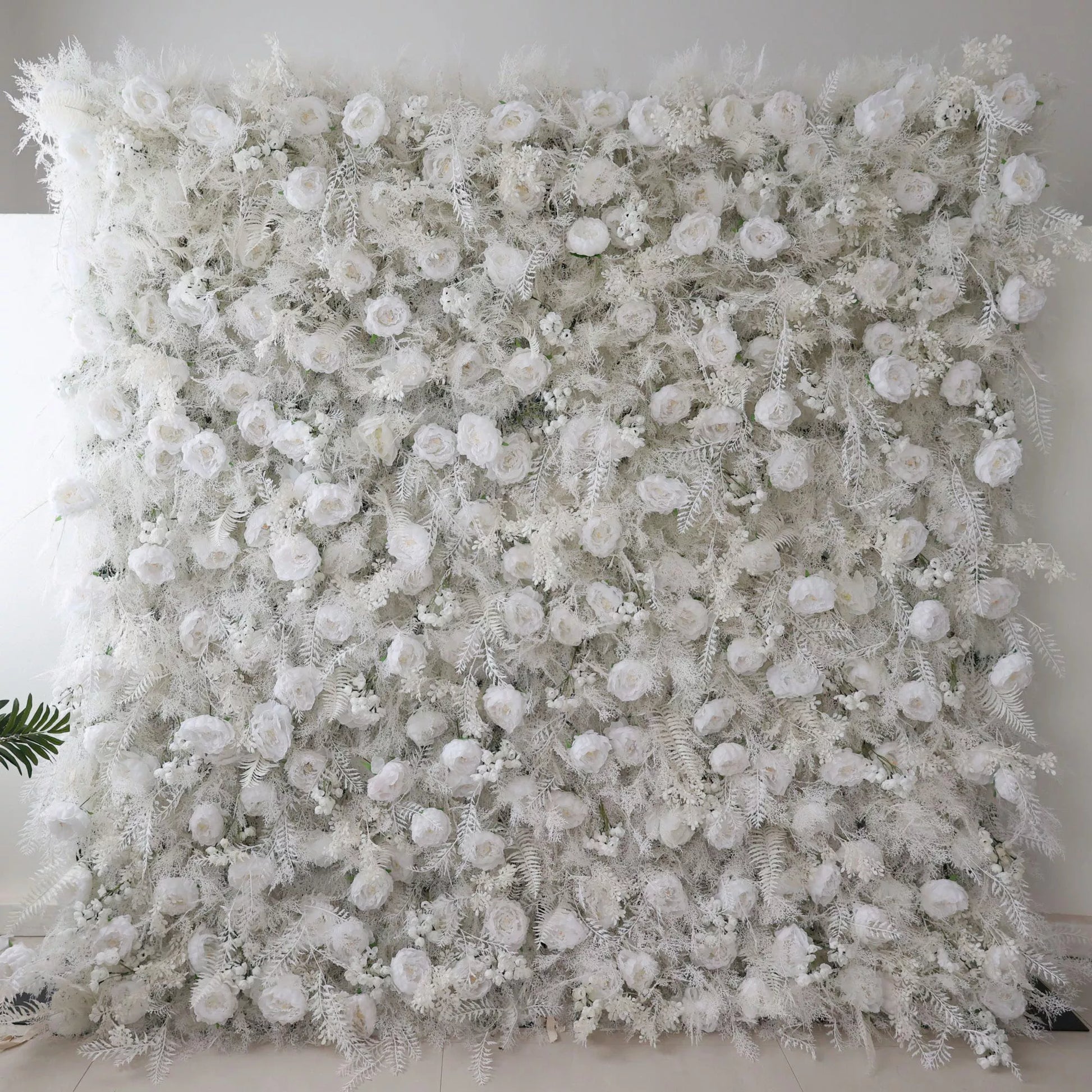 ValarFlowers snowy white artificial flower wall with roses peonies hydrangeas frosty ferns for wedding backdrop ceremony photo booth event decor