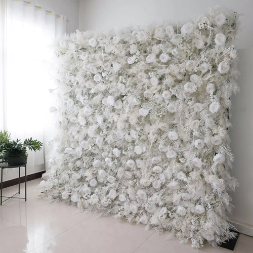 ValarFlowers white floral wall with peonies roses hydrangeas frosty ferns for wedding backdrop photo booth luxury event decor