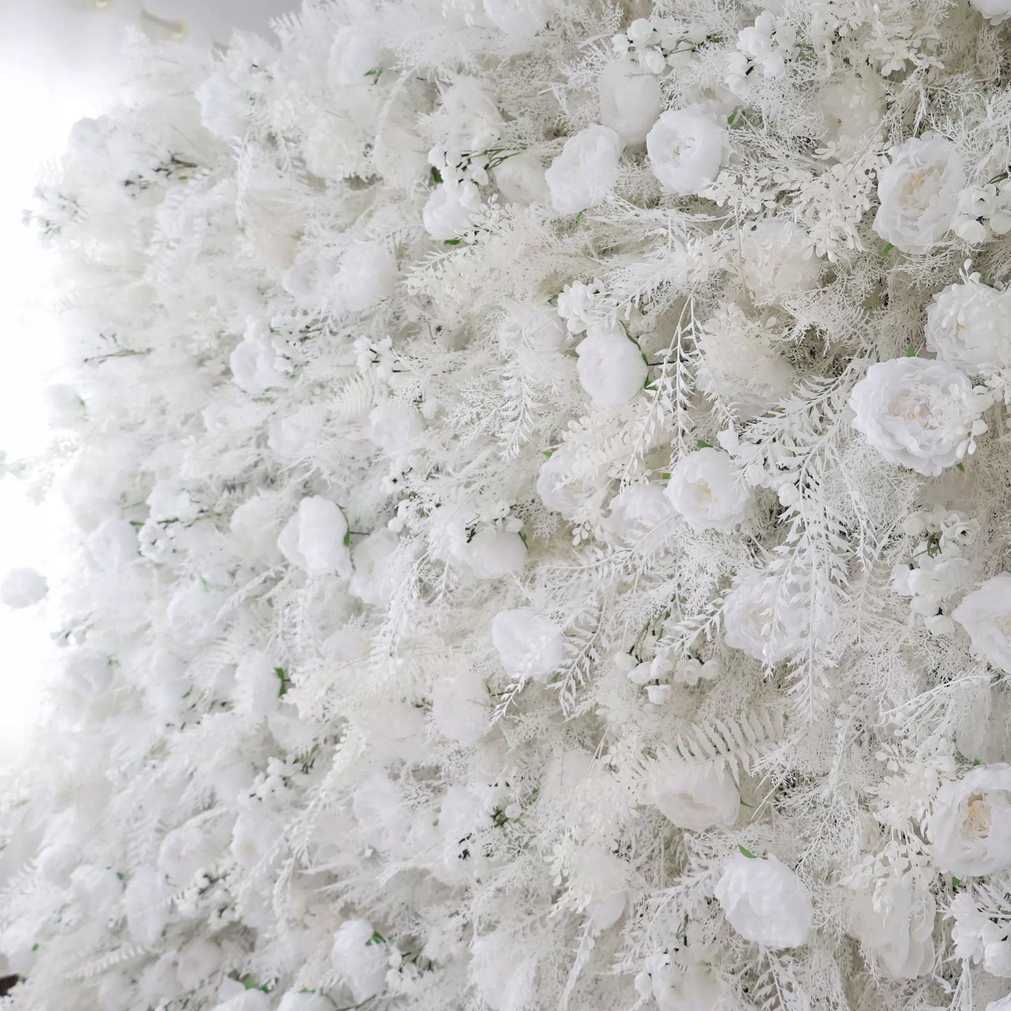 ValarFlowers white flower wall backdrop with peonies hydrangeas roses for wedding party photo booth ceremony decor