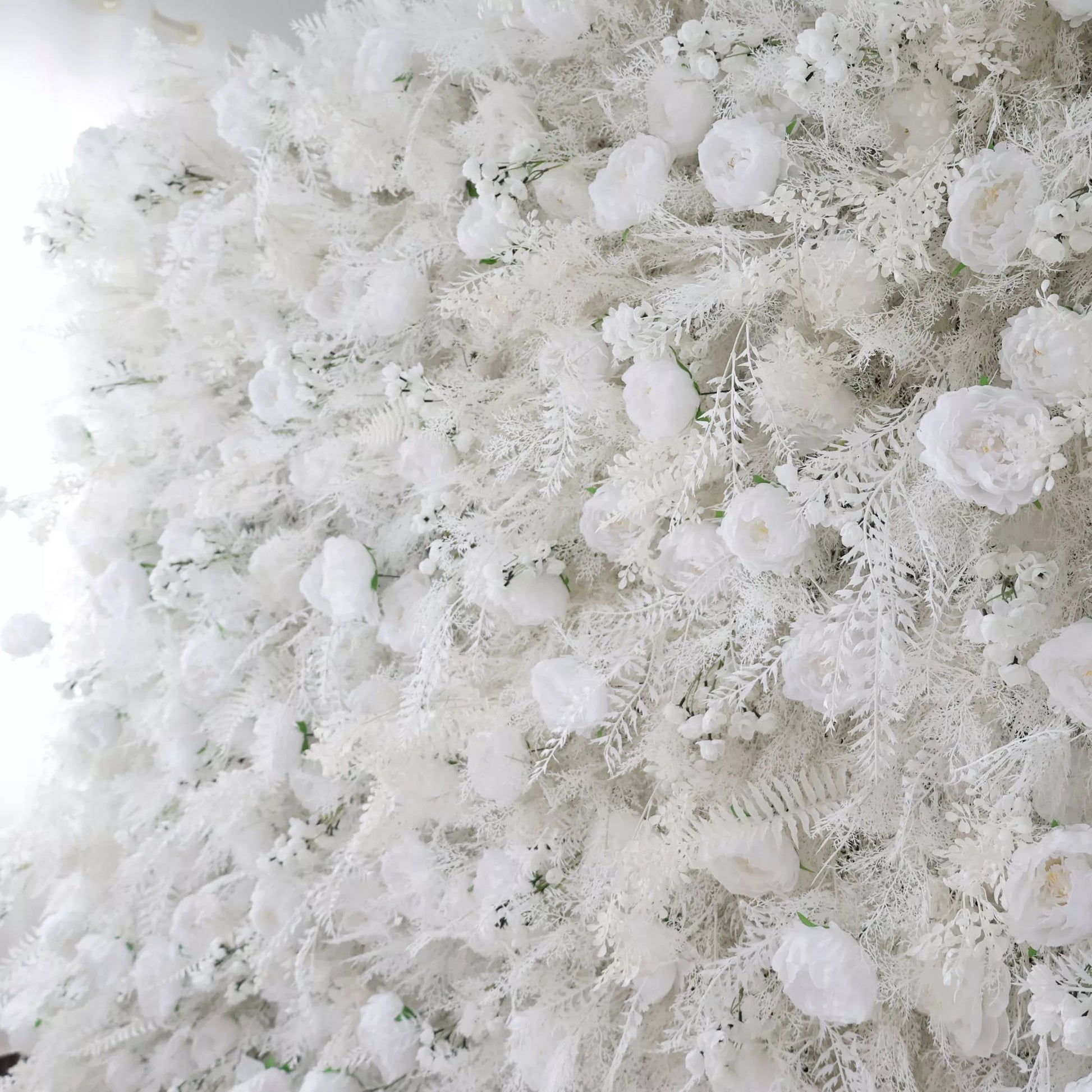 ValarFlowers white flower wall backdrop with peonies hydrangeas roses for wedding party photo booth ceremony decor
