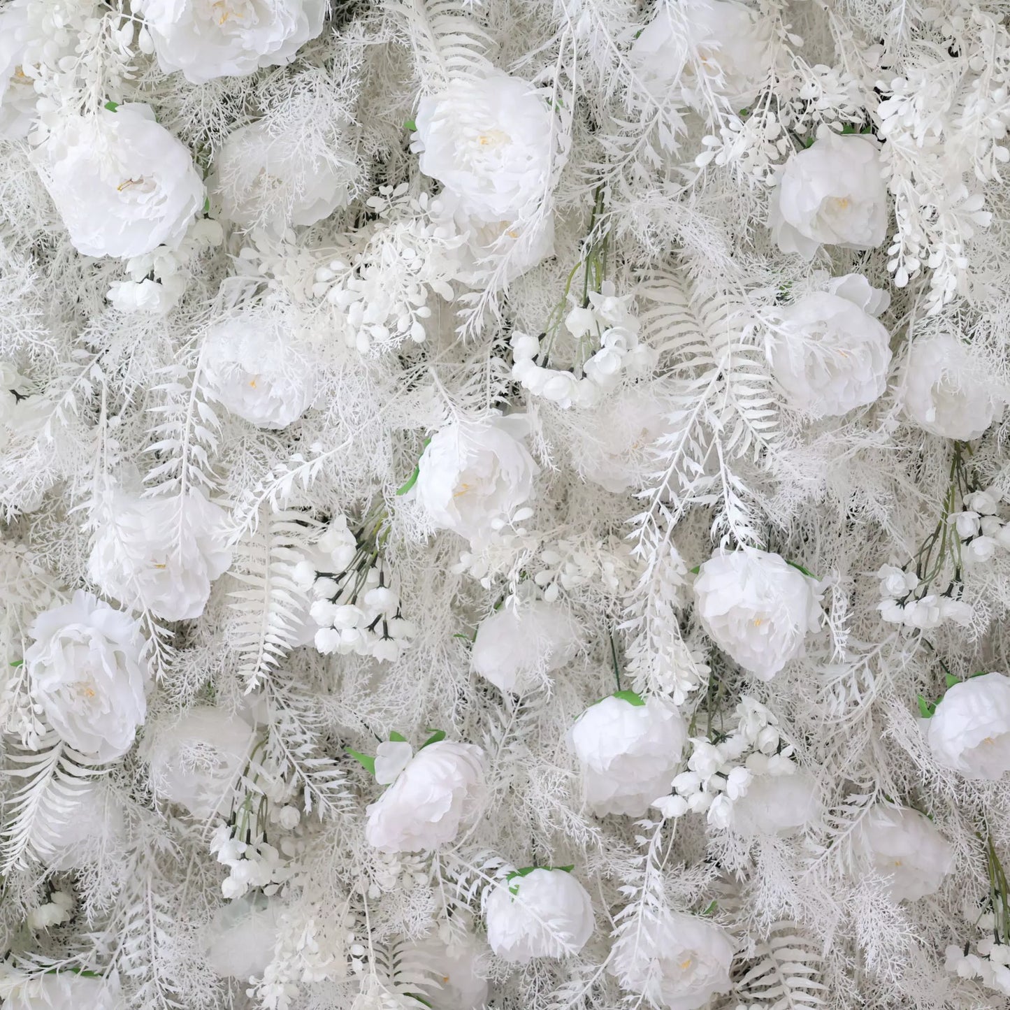 ValarFlowers white floral wall with roses peonies hydrangeas frosty ferns for luxury wedding backdrop event decor