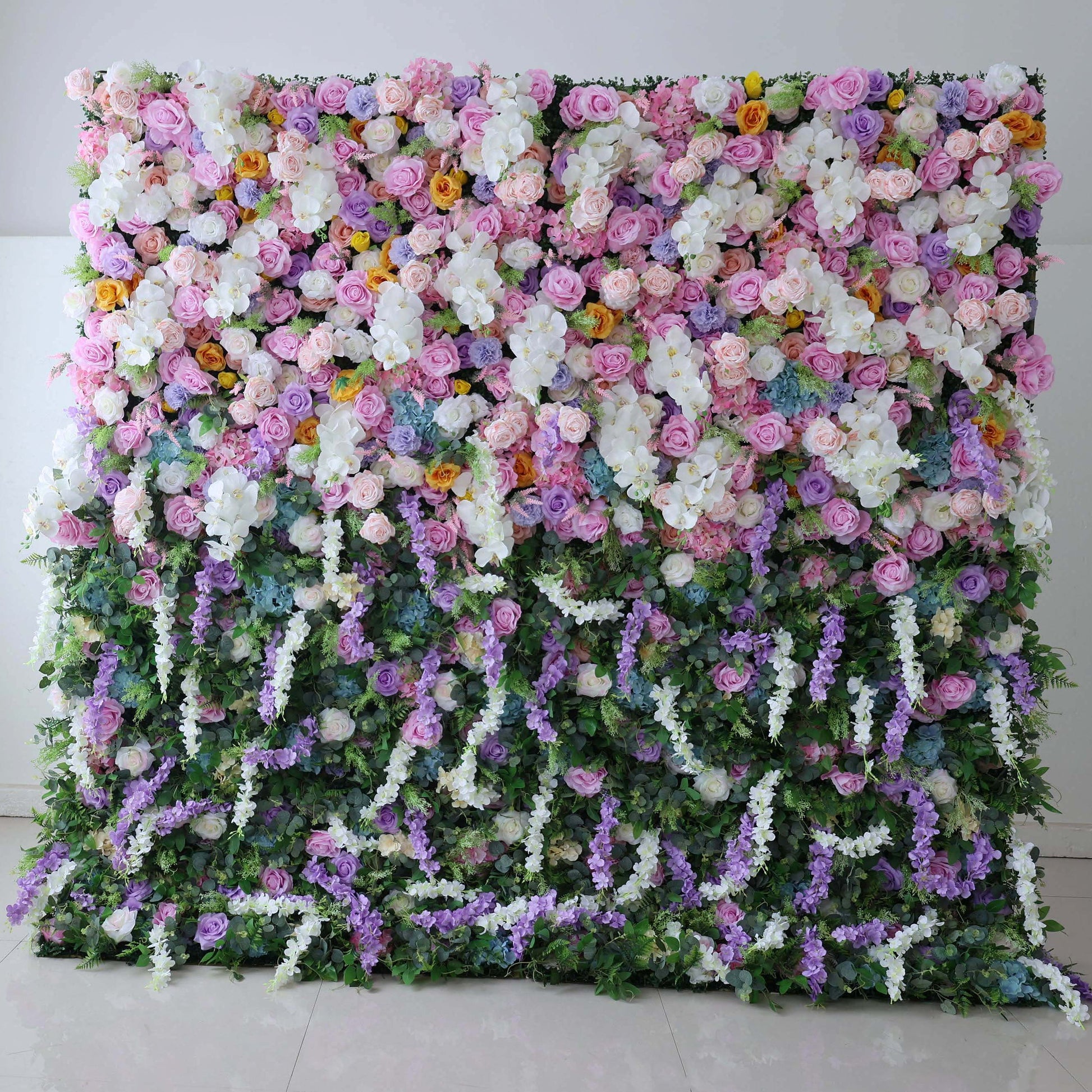 ValarFlowers luxury artificial flower wall backdrop with lush roses, peonies and hydrangeas in soft pink and white - perfect wedding photo booth decor
