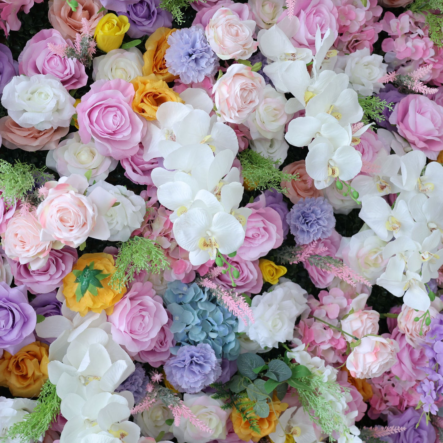 ValarFlowers premium artificial flower wall backdrop with lush roses peonies hydrangeas in romantic blush pink ivory, perfect for wedding ceremony photo booth party decor