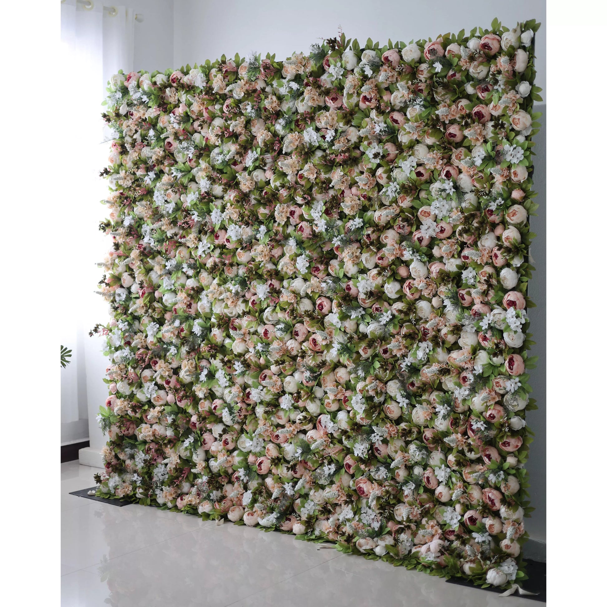 ValarFlowers artificial flower wall backdrop with lush greenery orangy red roses white peonies for wedding ceremony party photo booth decor
