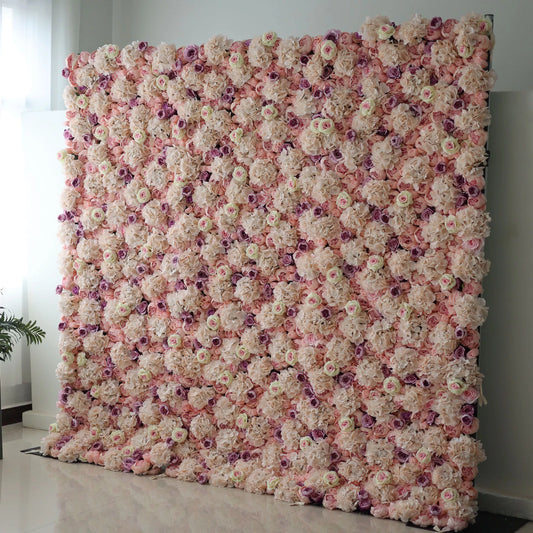 ValarFlowers artificial flower wall backdrop with lush roses, peonies, hydrangeas in pink and cream - perfect wedding photo booth or event decor