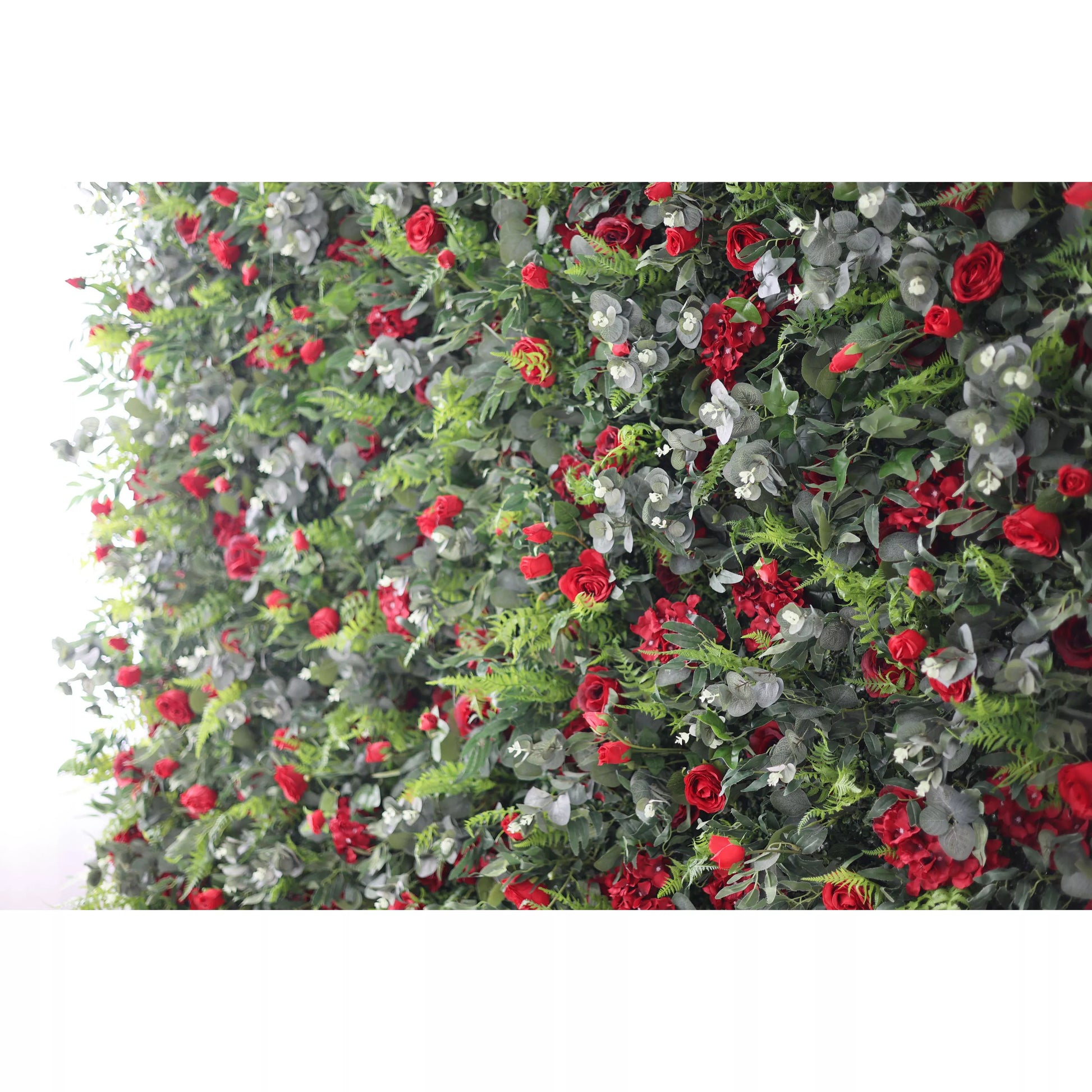 ValarFlowers red rose & verdure cascade floral wall panel for wedding backdrop, event decor, photo booth - VF-205