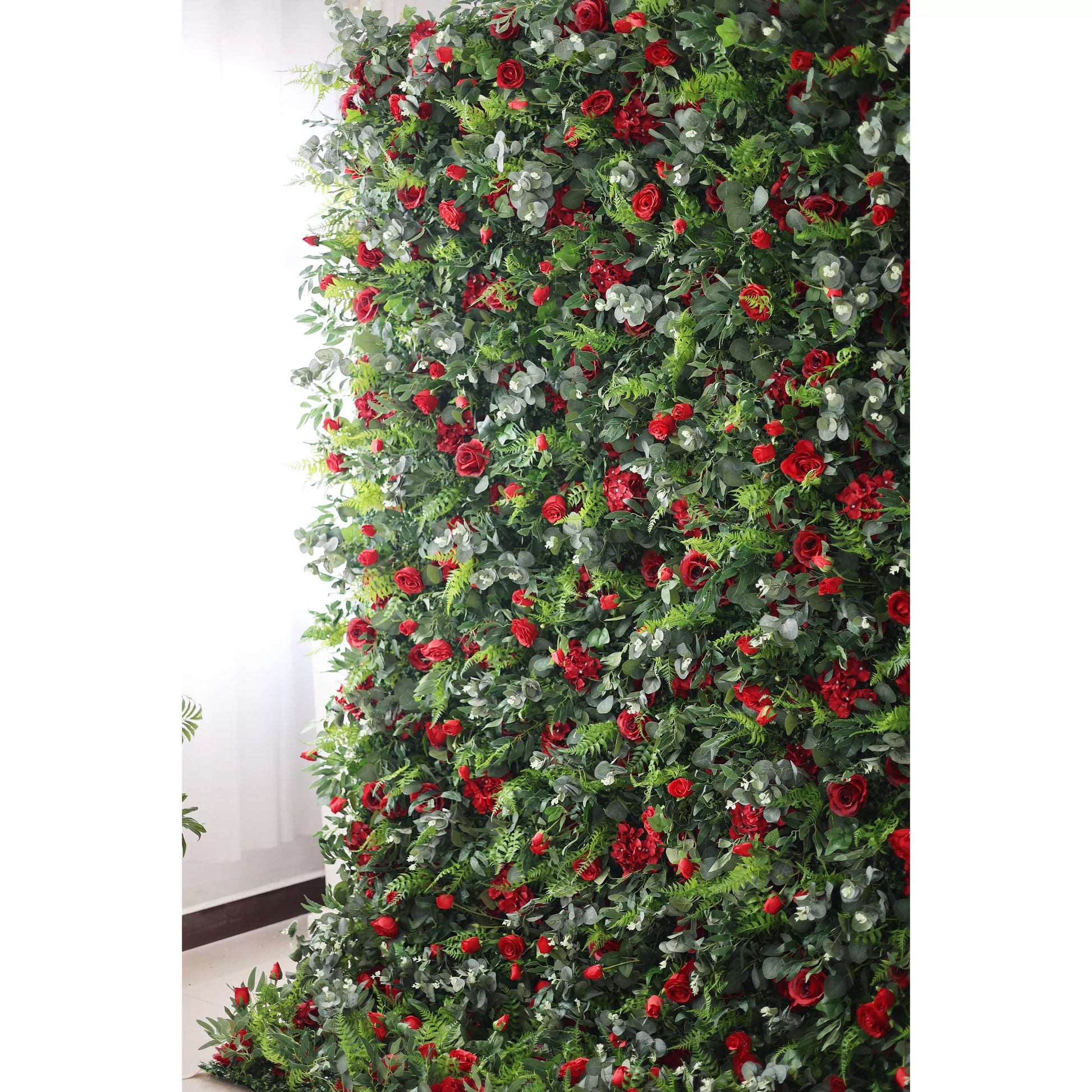 ValarFlowers red rose & greenery artificial flower wall backdrop for wedding, luxury faux floral panel for event decor and photo booth