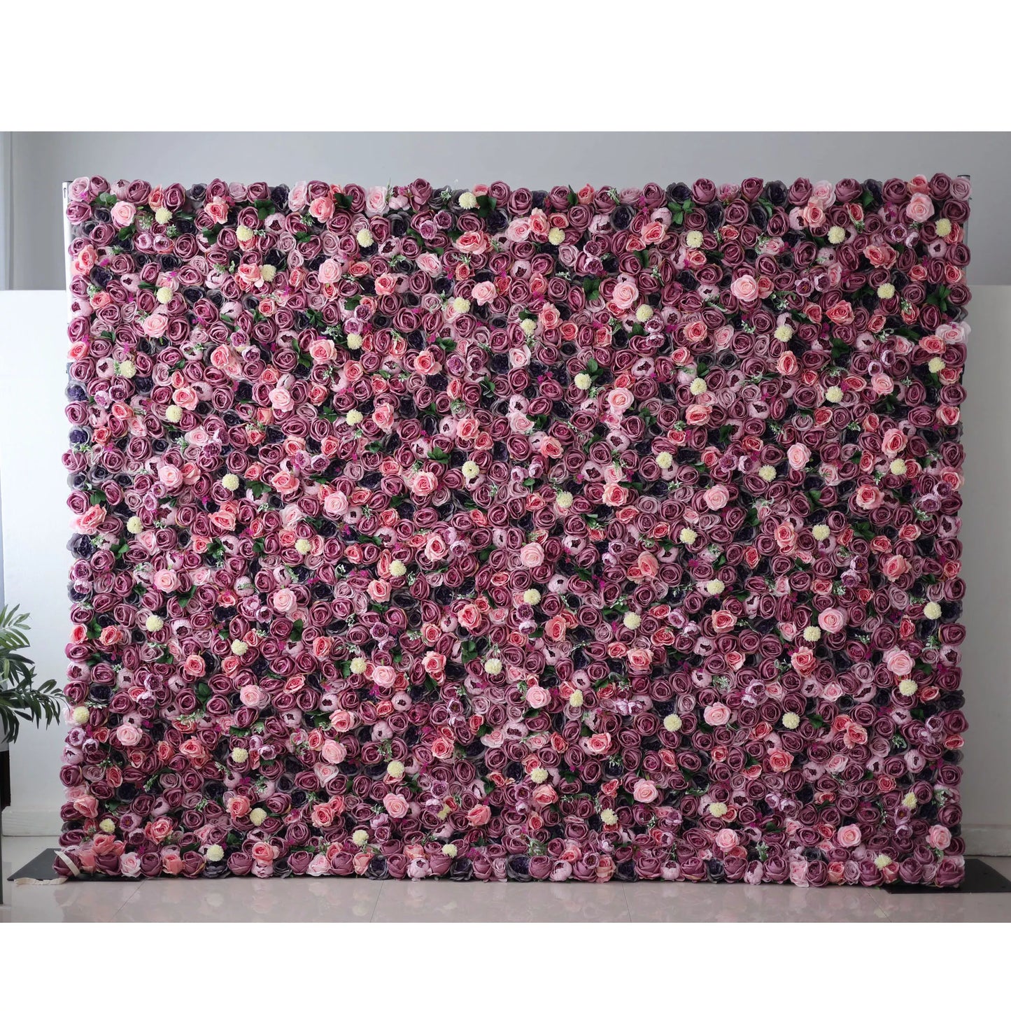 ValarFlowers artificial flower wall with lush pink roses peonies hydrangeas purple blooms for wedding backdrop event decor