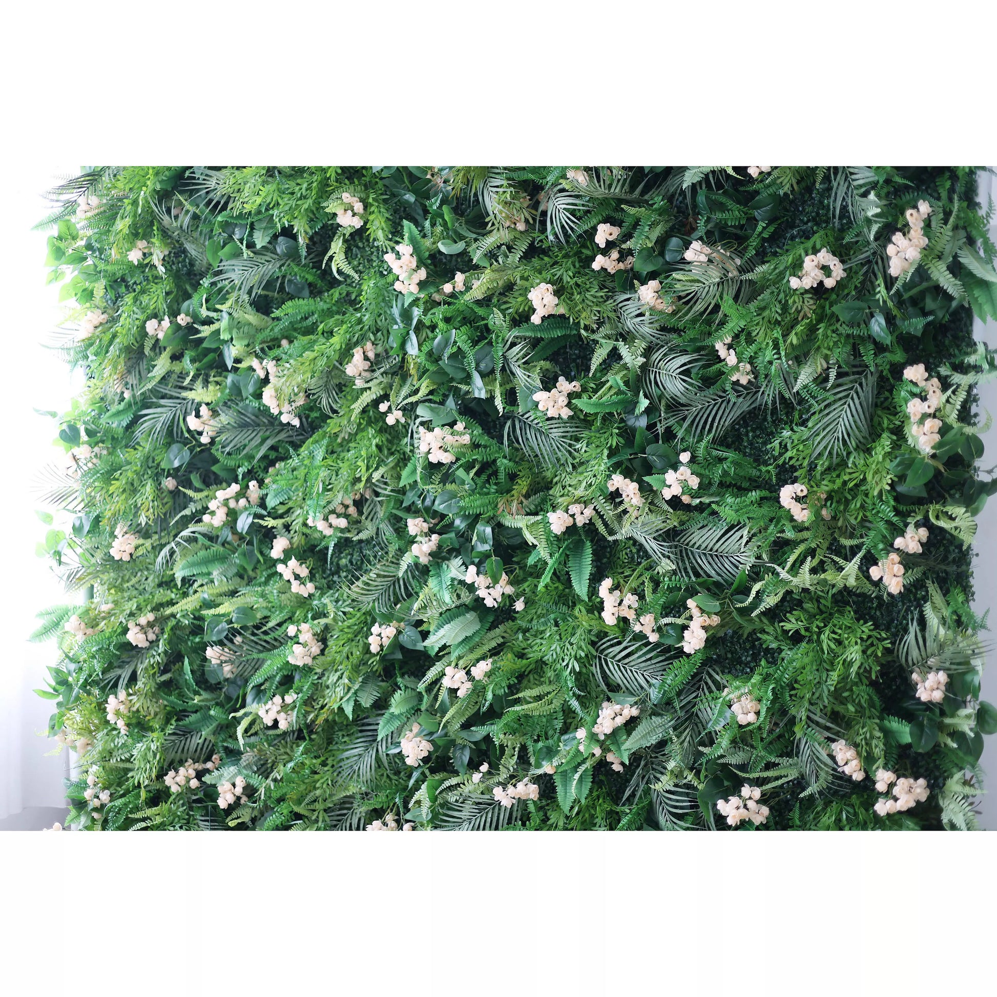 ValarFlowers faux flower wall with dense greenery and soft peach peonies - luxury wedding backdrop and event decor perfect for photo booth
