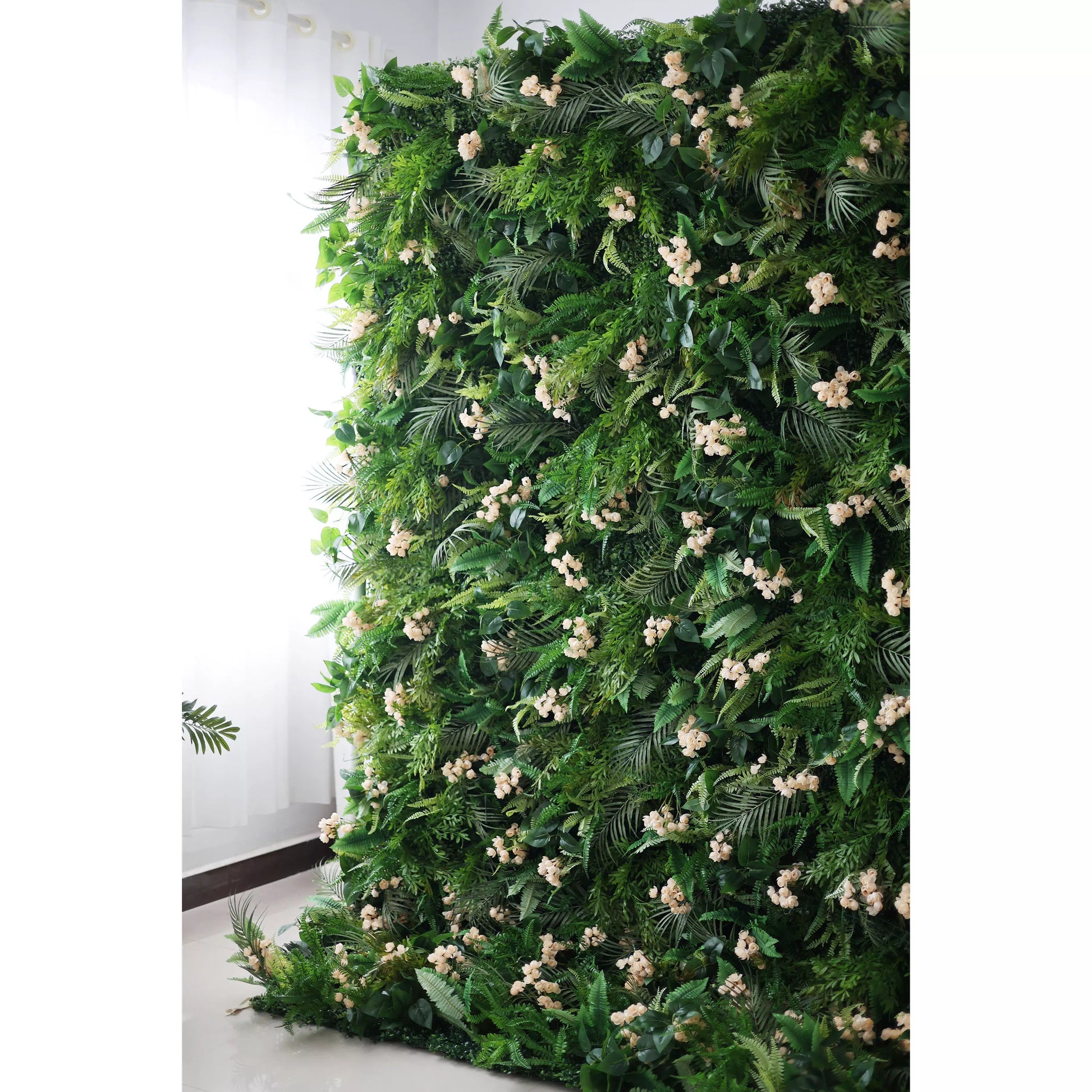 ValarFlowers artificial flower wall backdrop with dense greenery and soft peach roses for wedding, party, photo booth, event decor